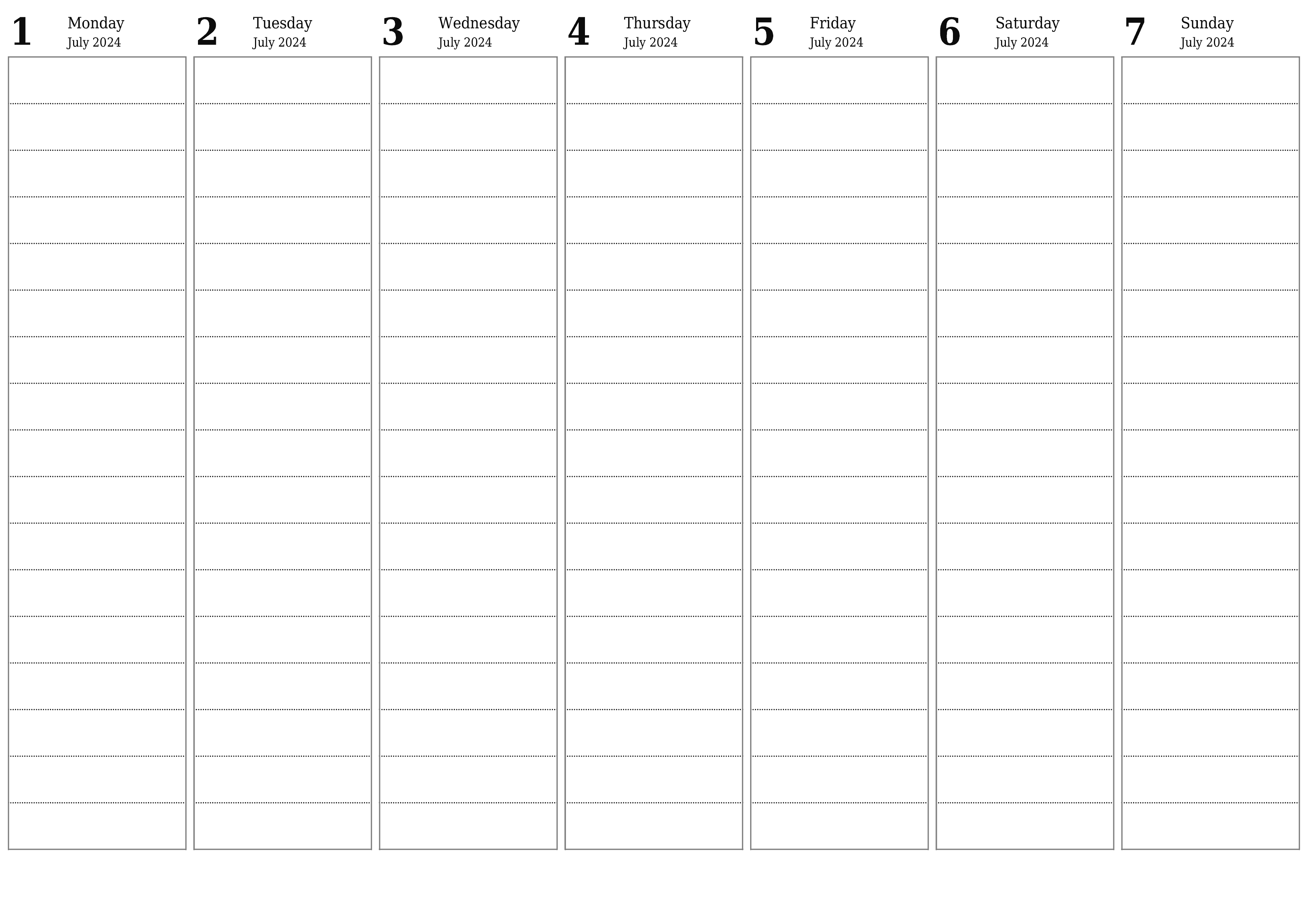 Blank weekly printable calendar and planner for week July 2024 with notes, save and print to PDF PNG English