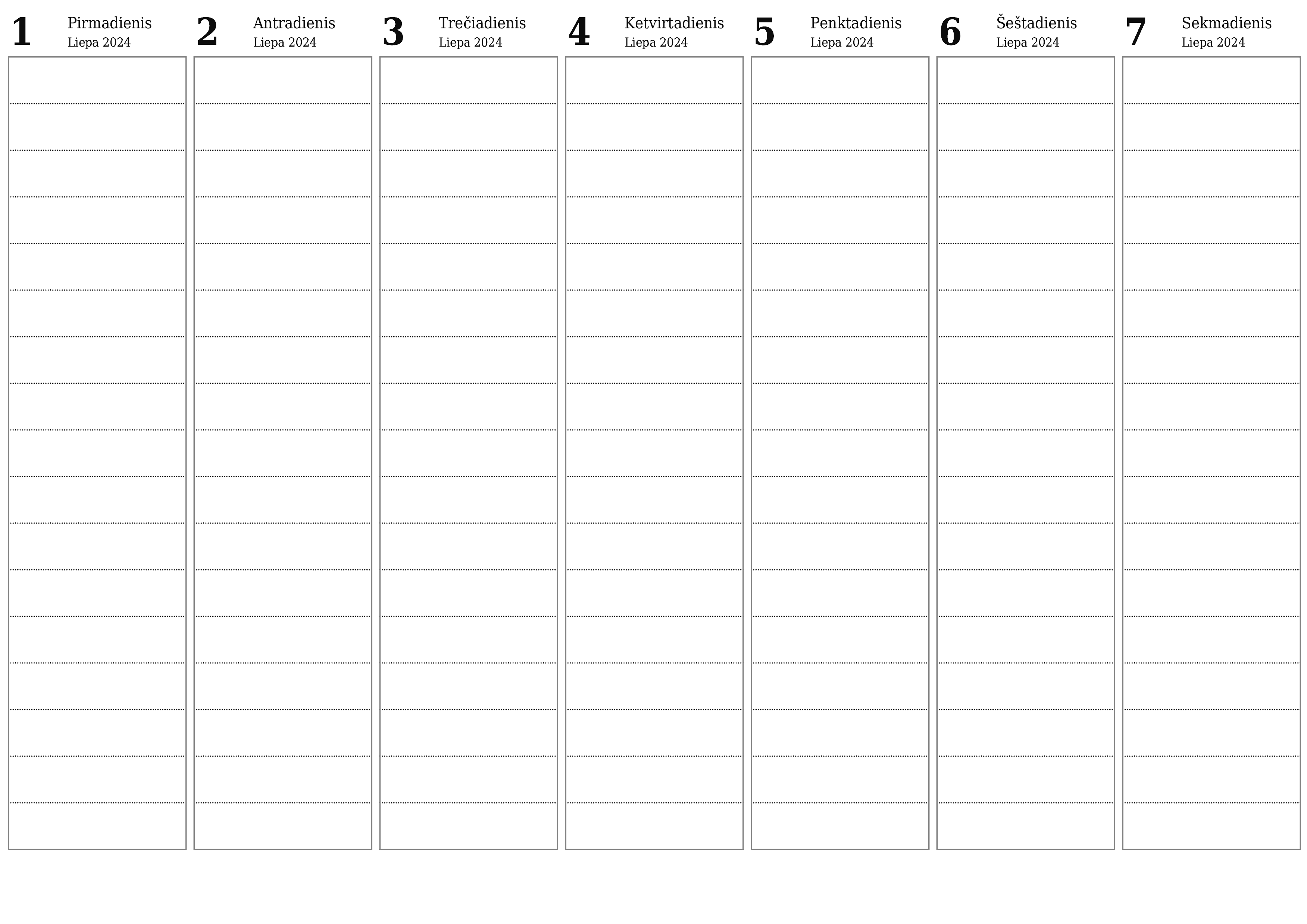 spausdinamas sieninis kalendoriaus šabloną nemokamas horizontaliai Kas savaitę planuotojas kalendorius Liepa (Lie) 2024