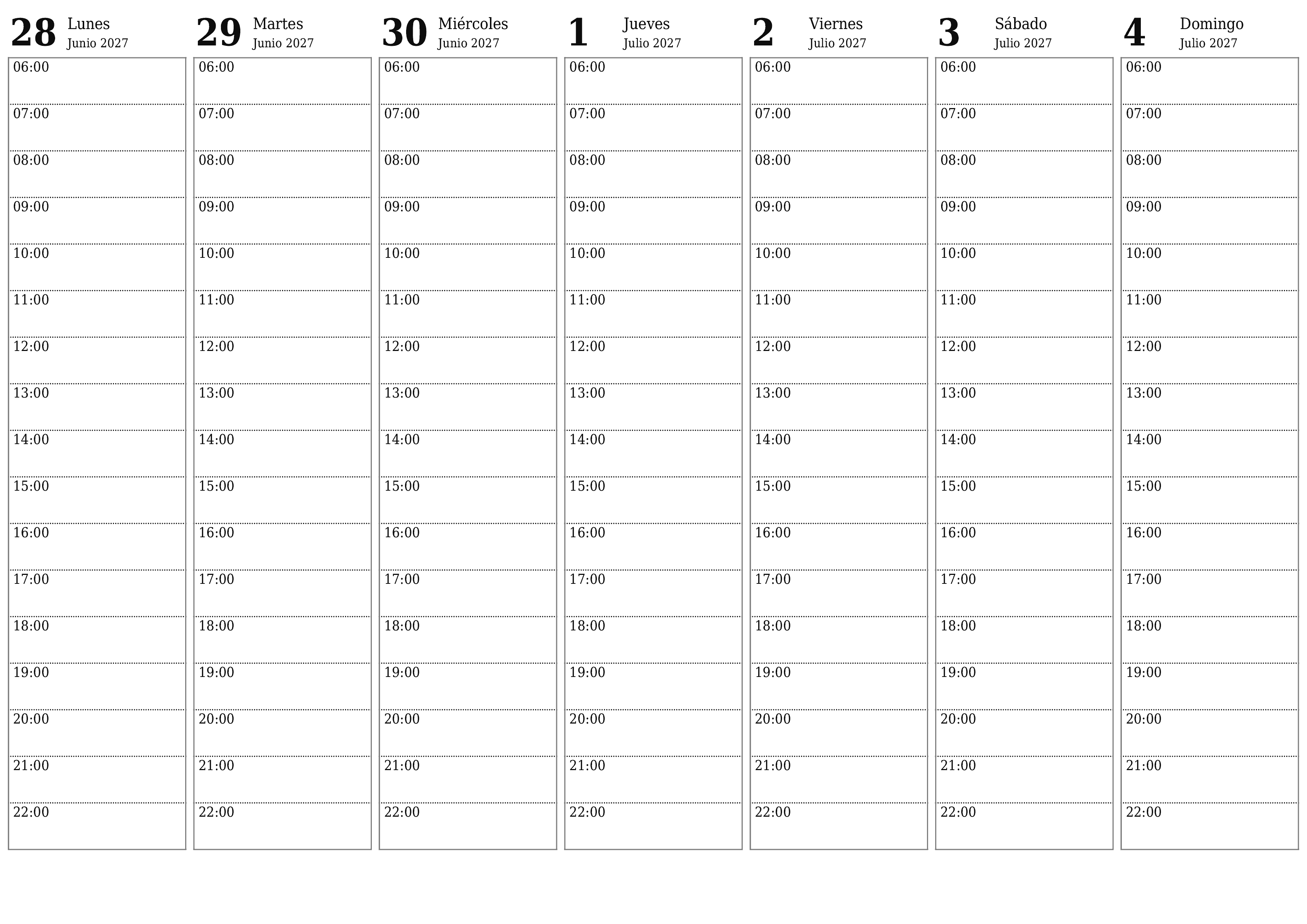 Planificador semanal vacío para semanas Julio 2027 con notas, guardar e imprimir en PDF PNG Spanish