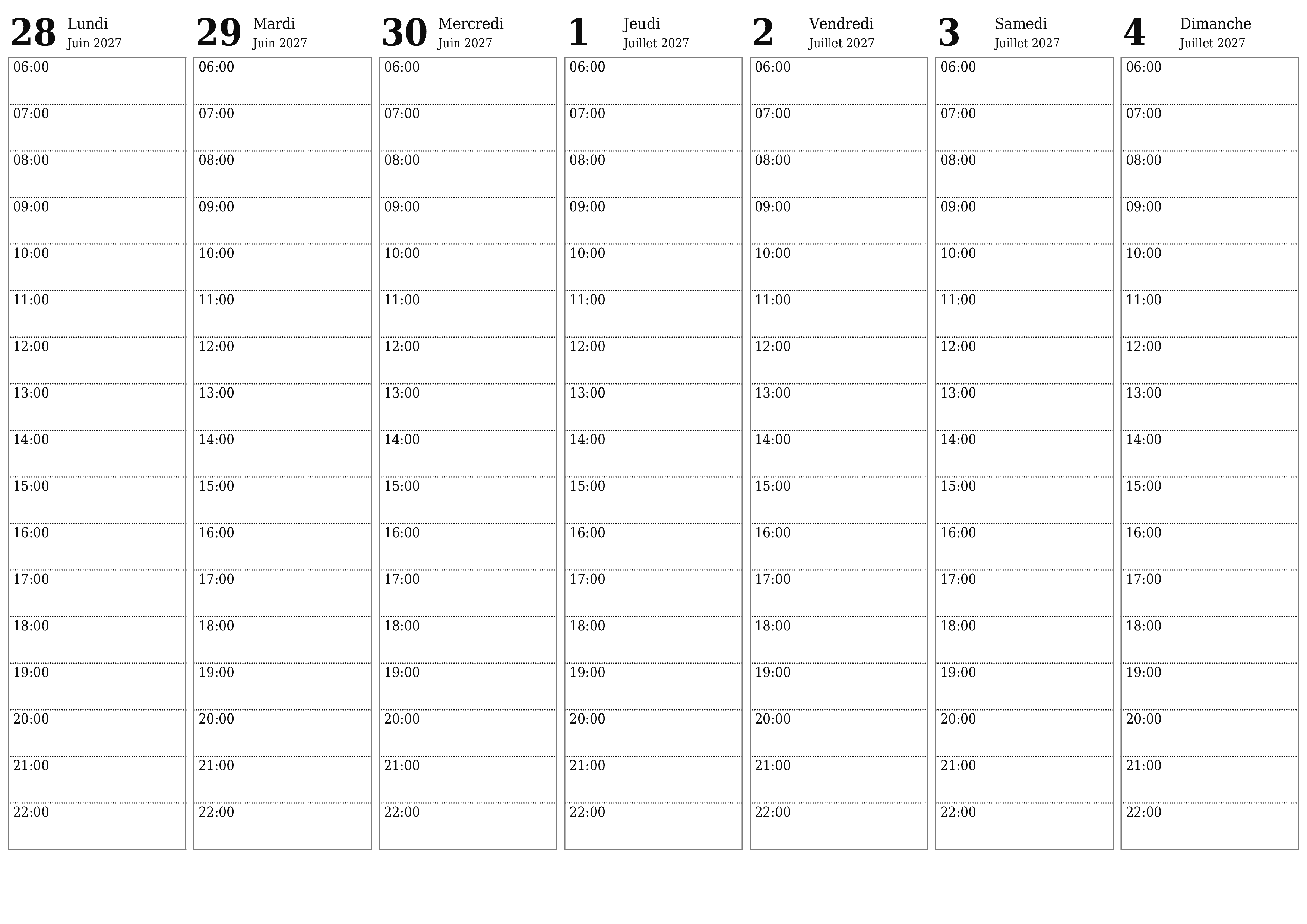 Agenda hebdomadaire vide pendant des semaines Juillet 2027 avec notes, enregistrez et imprimez au format PDF PNG French