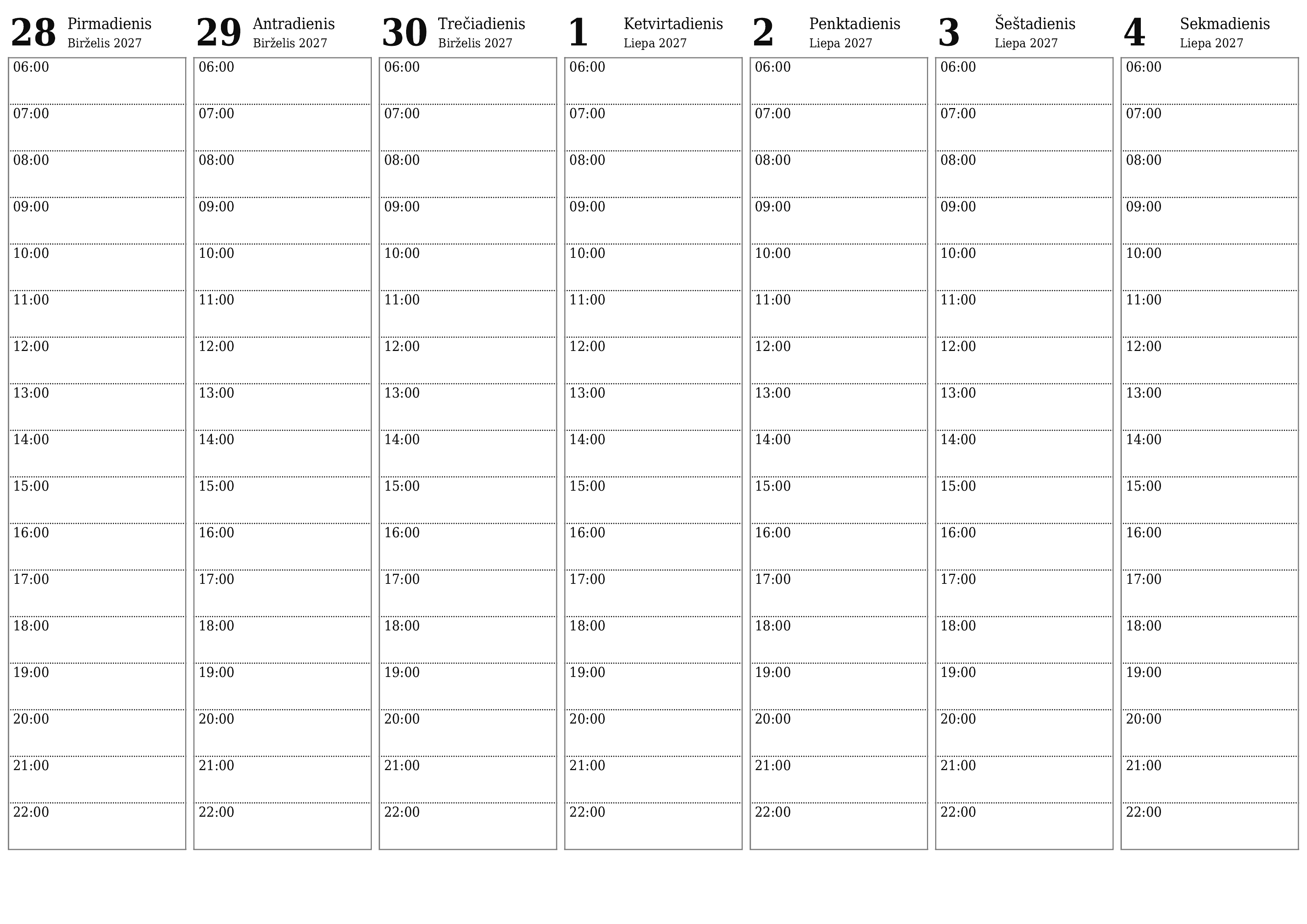 Ištuštinti savaitės planavimo priemonę savaitėms Liepa 2027 su užrašais, išsaugoti ir atsispausdinti PDF formate PNG Lithuanian