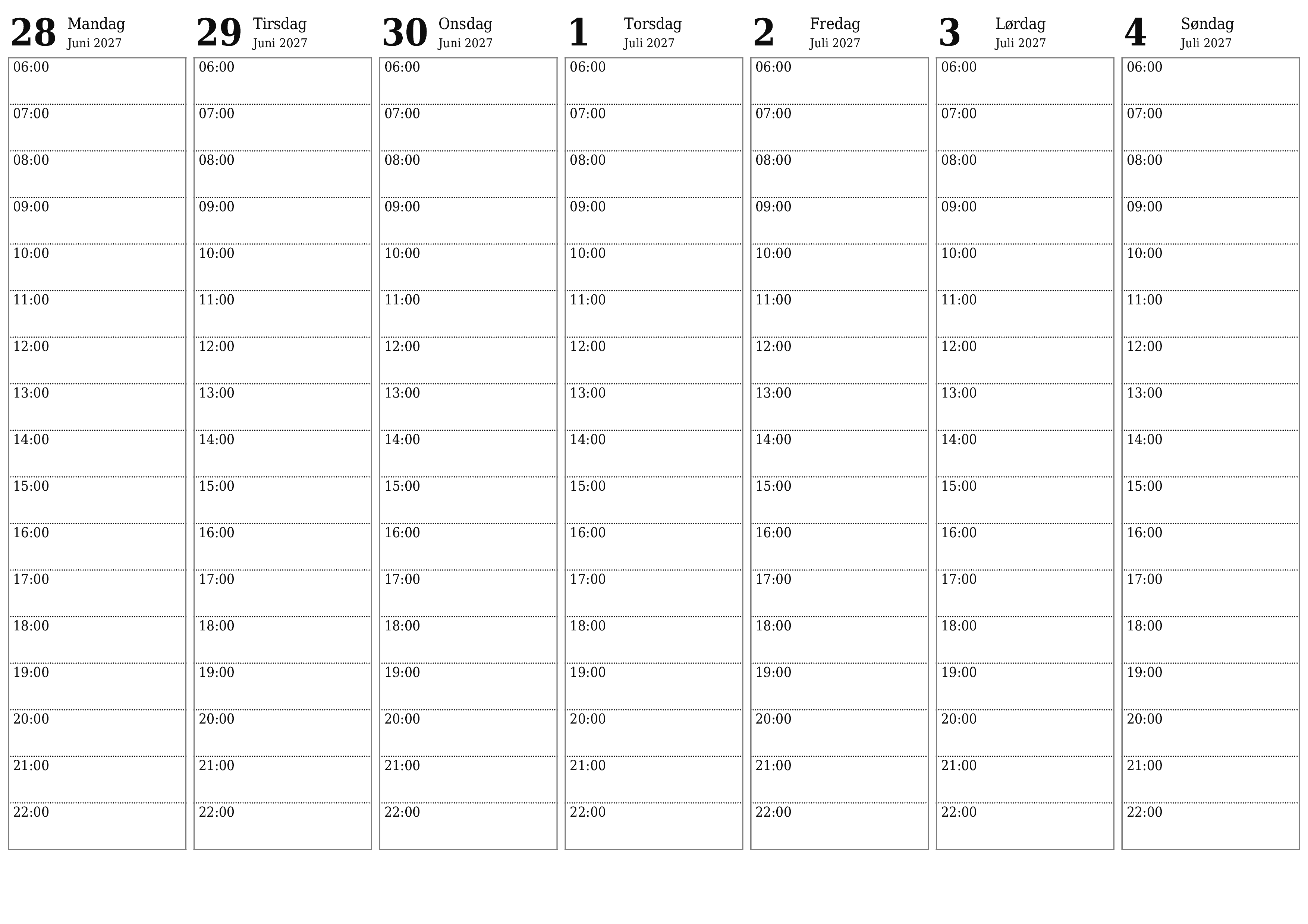 Tøm ukentlig planlegger i uker Juli 2027 med notater, lagre og skriv ut i PDF PNG Norwegian