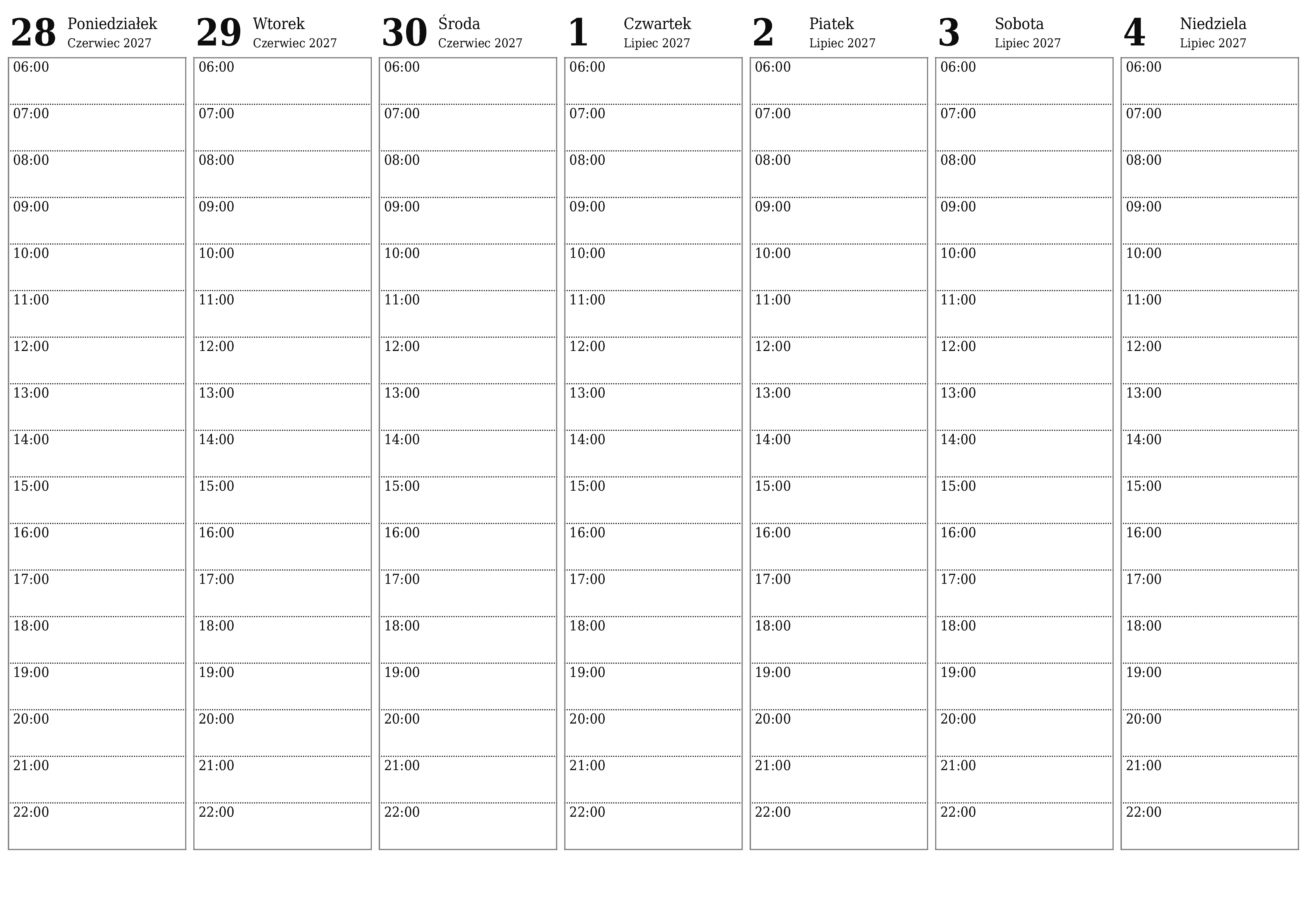 Opróżnij tygodniowy planer na tygodnie Lipiec 2027 z notatkami, zapisz i wydrukuj w formacie PDF PNG Polish