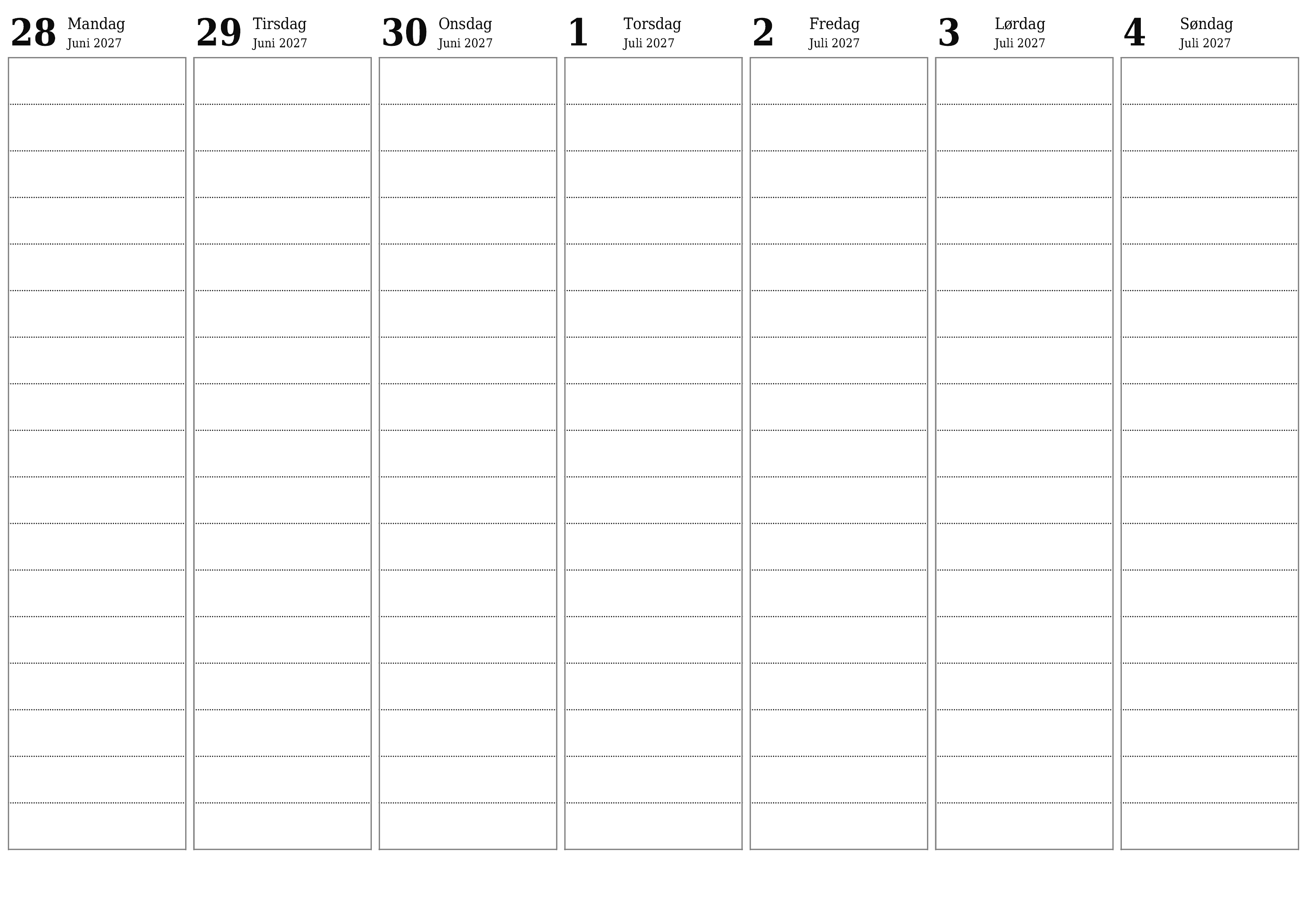 Tom ugentlig planlægger i uger Juli 2027 med noter, gem og udskriv til PDF PNG Danish