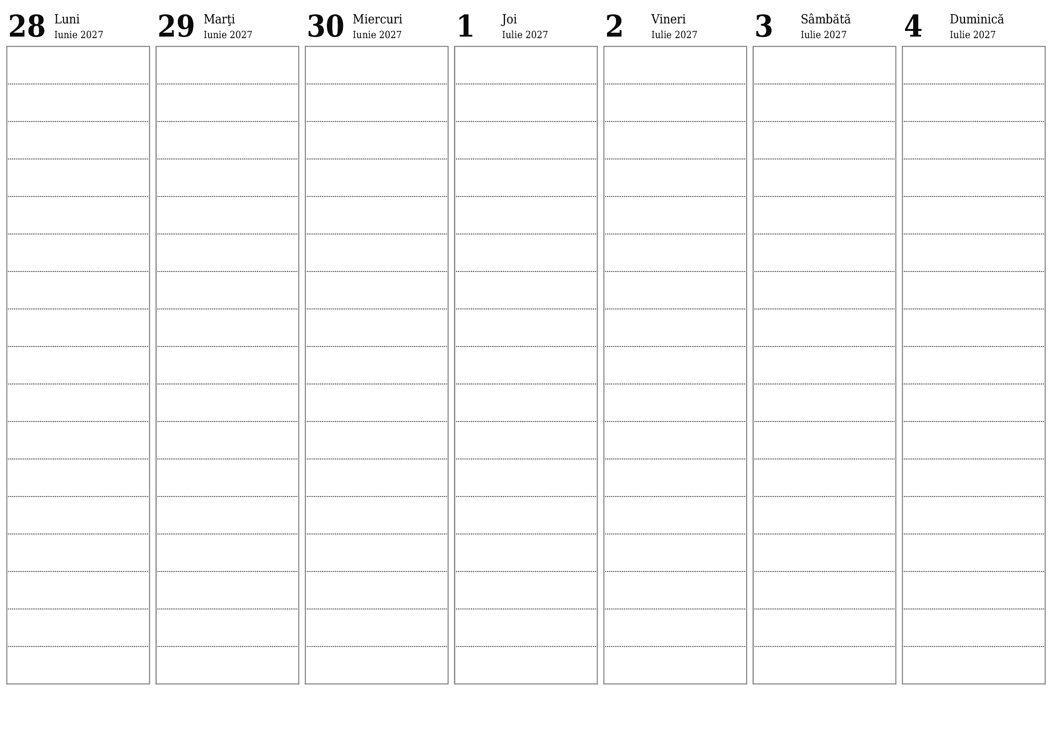 Planificator săptămânal gol pentru săptămâni Iulie 2027 cu note, salvați și tipăriți în PDF PNG Romanian