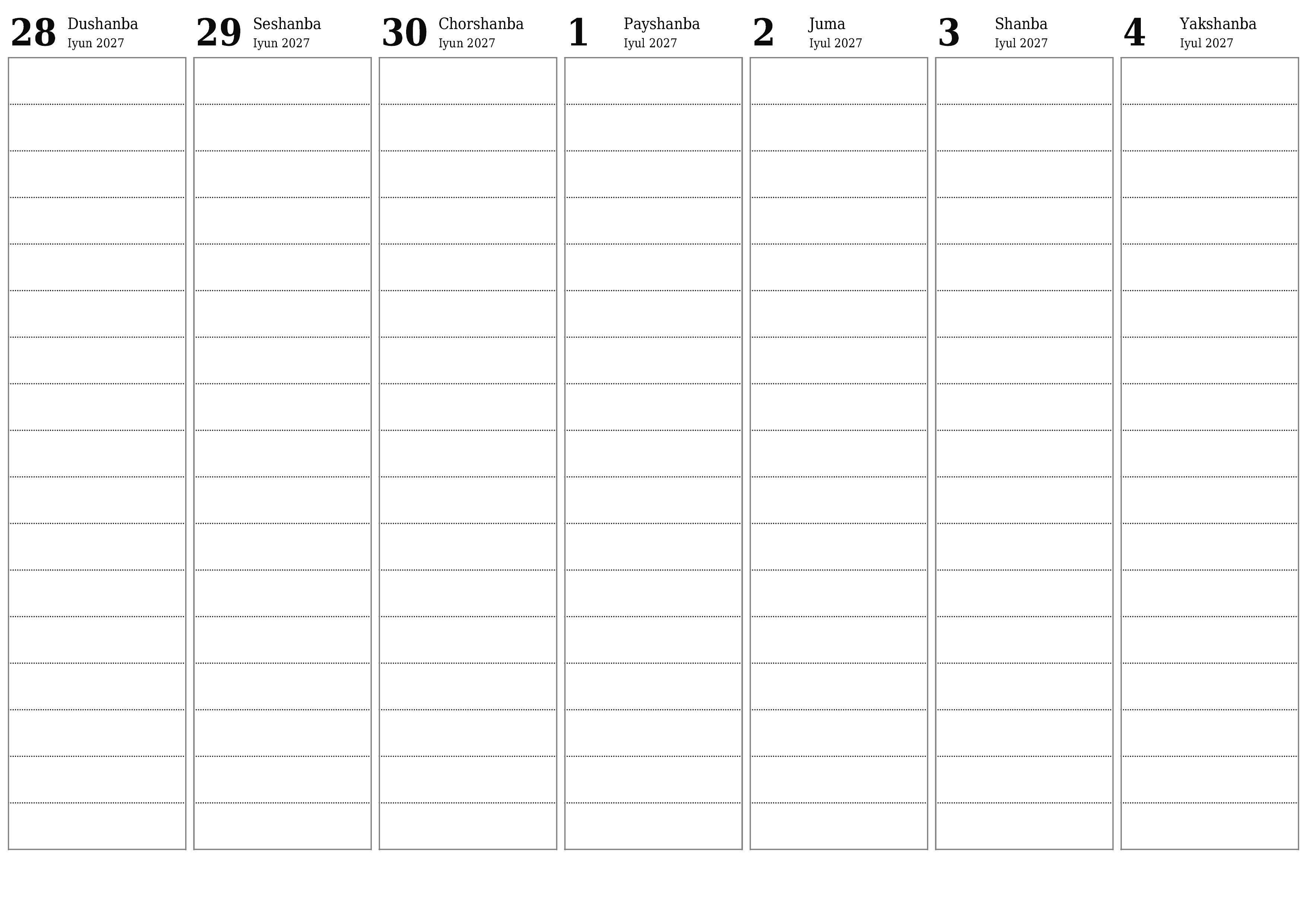 Haftalik rejalashtiruvchi Iyul 2027 haftalar uchun yozuvlar bilan bo'shatib, saqlang va PDF-ga chop eting PNG Uzbek