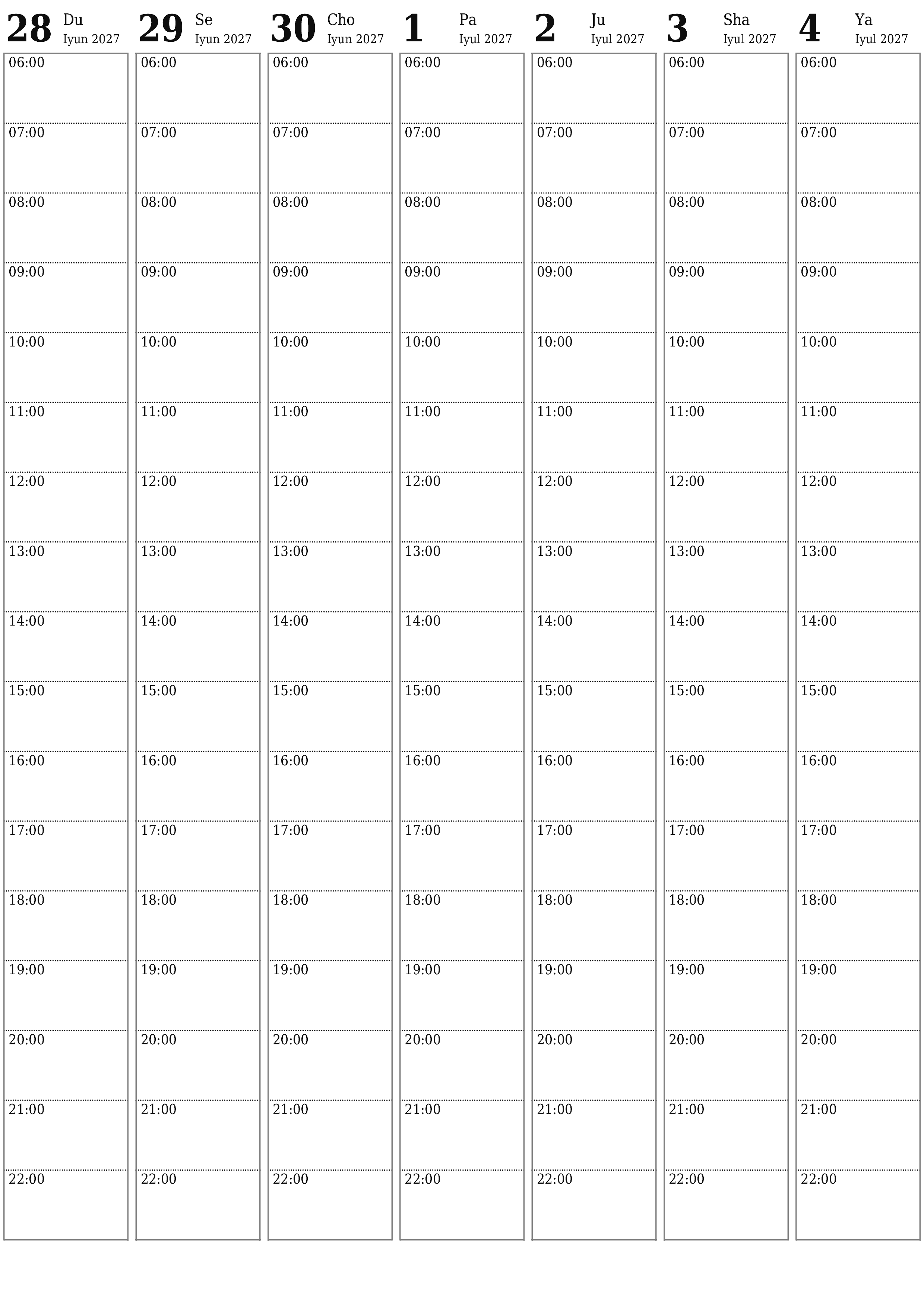 Haftalik rejalashtiruvchi Iyul 2027 haftalar uchun yozuvlar bilan bo'shatib, saqlang va PDF-ga chop eting PNG Uzbek