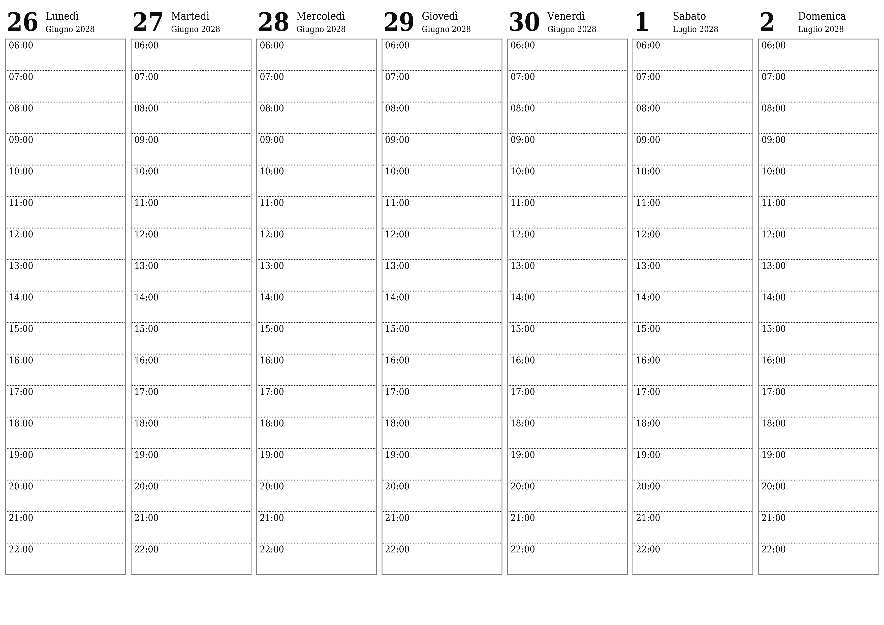 Agenda settimanale vuota per settimane Luglio 2028 con note, salva e stampa in PDF PNG Italian