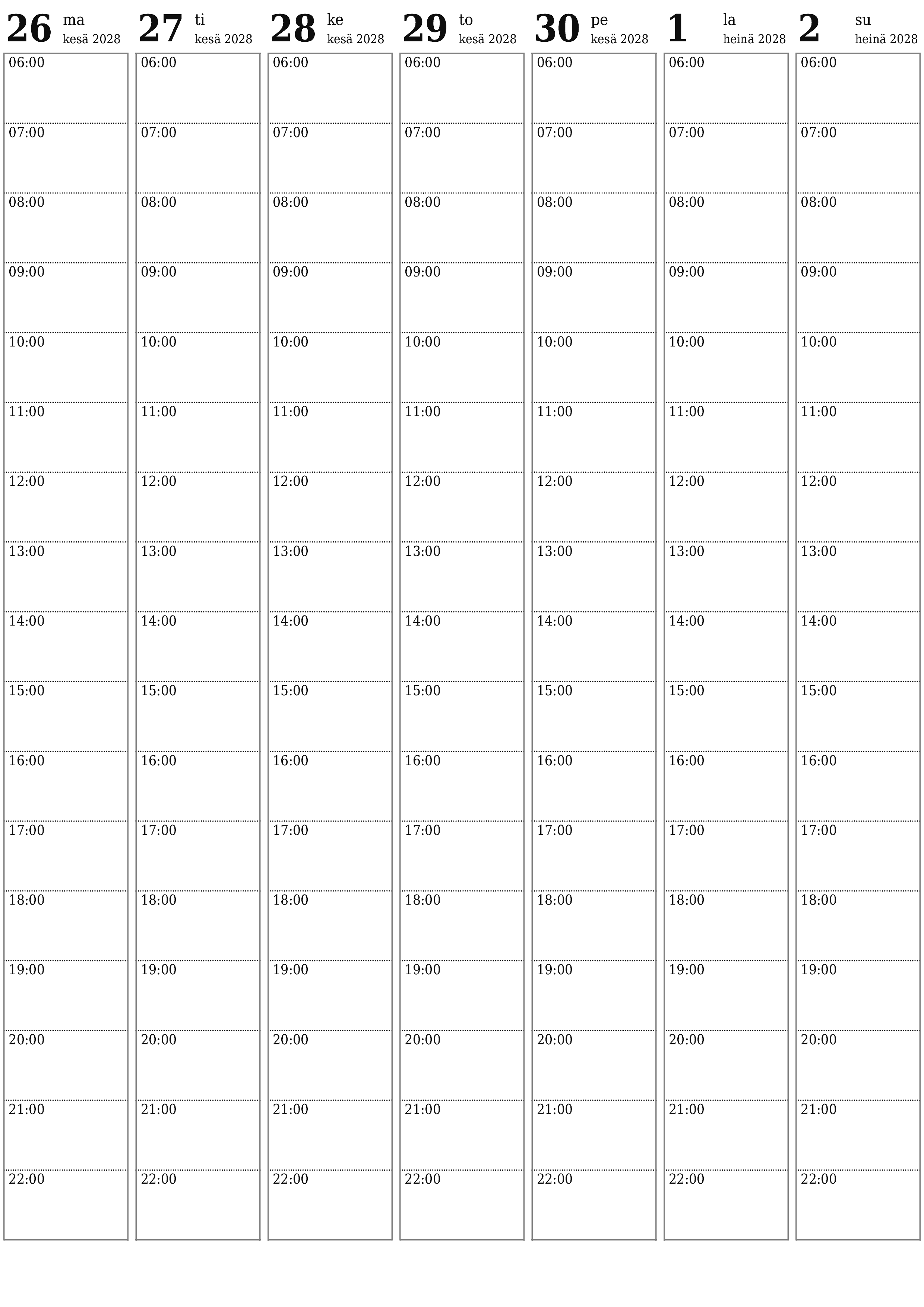 Tyhjennä viikkosuunnittelija viikkojen ajan Heinäkuu 2028 muistiinpanoilla, tallenna ja tulosta PDF-muotoon PNG Finnish