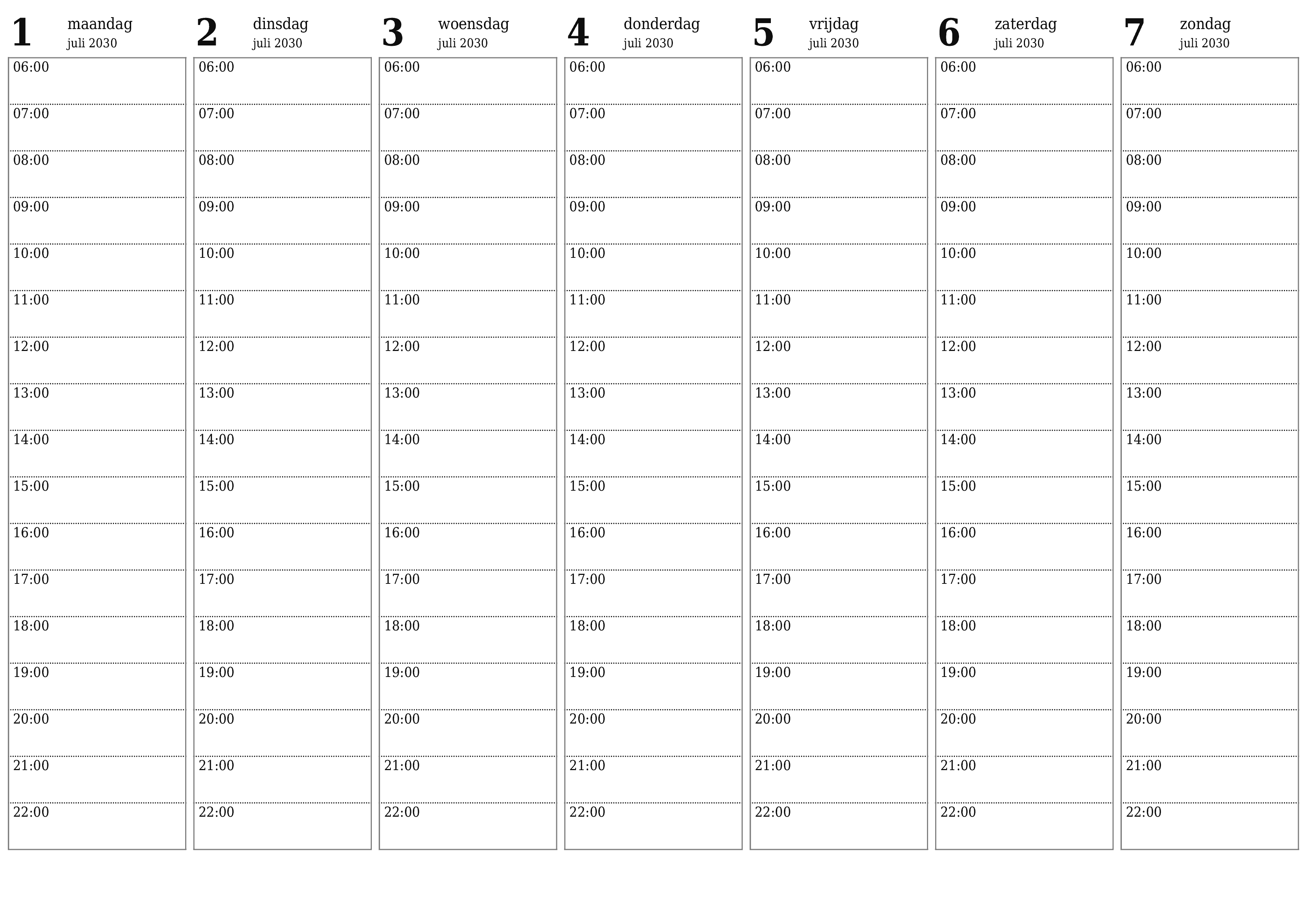 Lege weekplanner voor weken juli 2030 met notities, opslaan en afdrukken naar pdf PNG Dutch