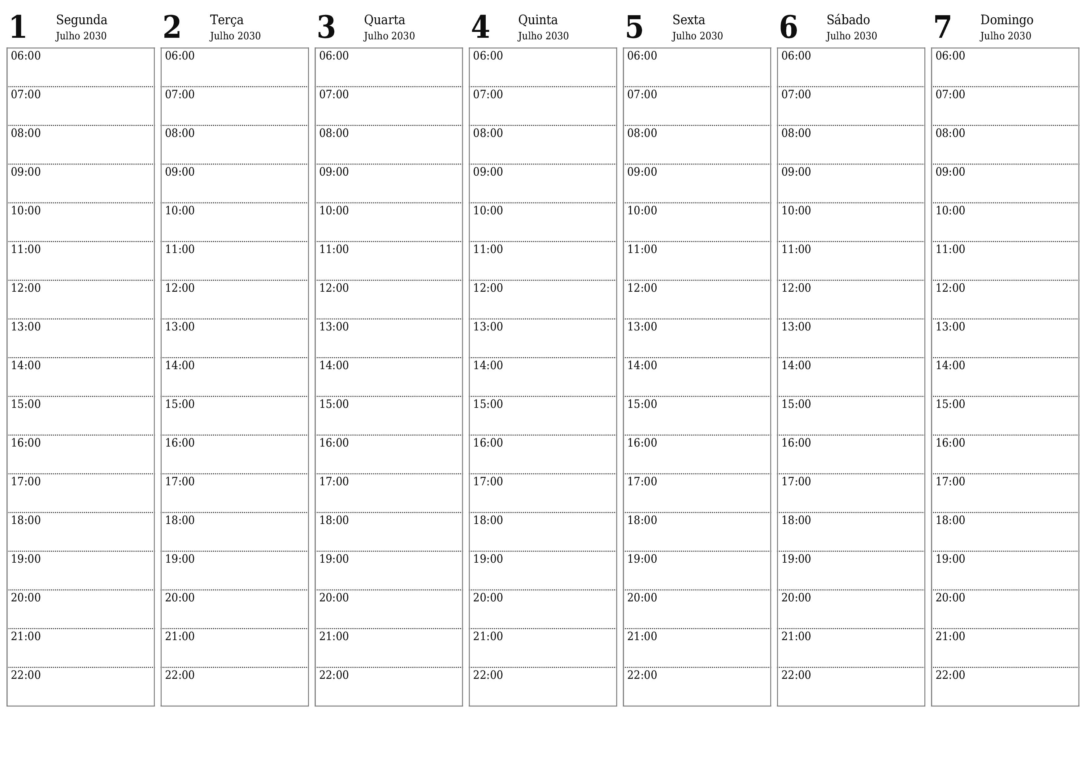 Esvazie o planejador semanal por semanas Julho 2030 com notas, salve e imprima em PDF PNG Portuguese