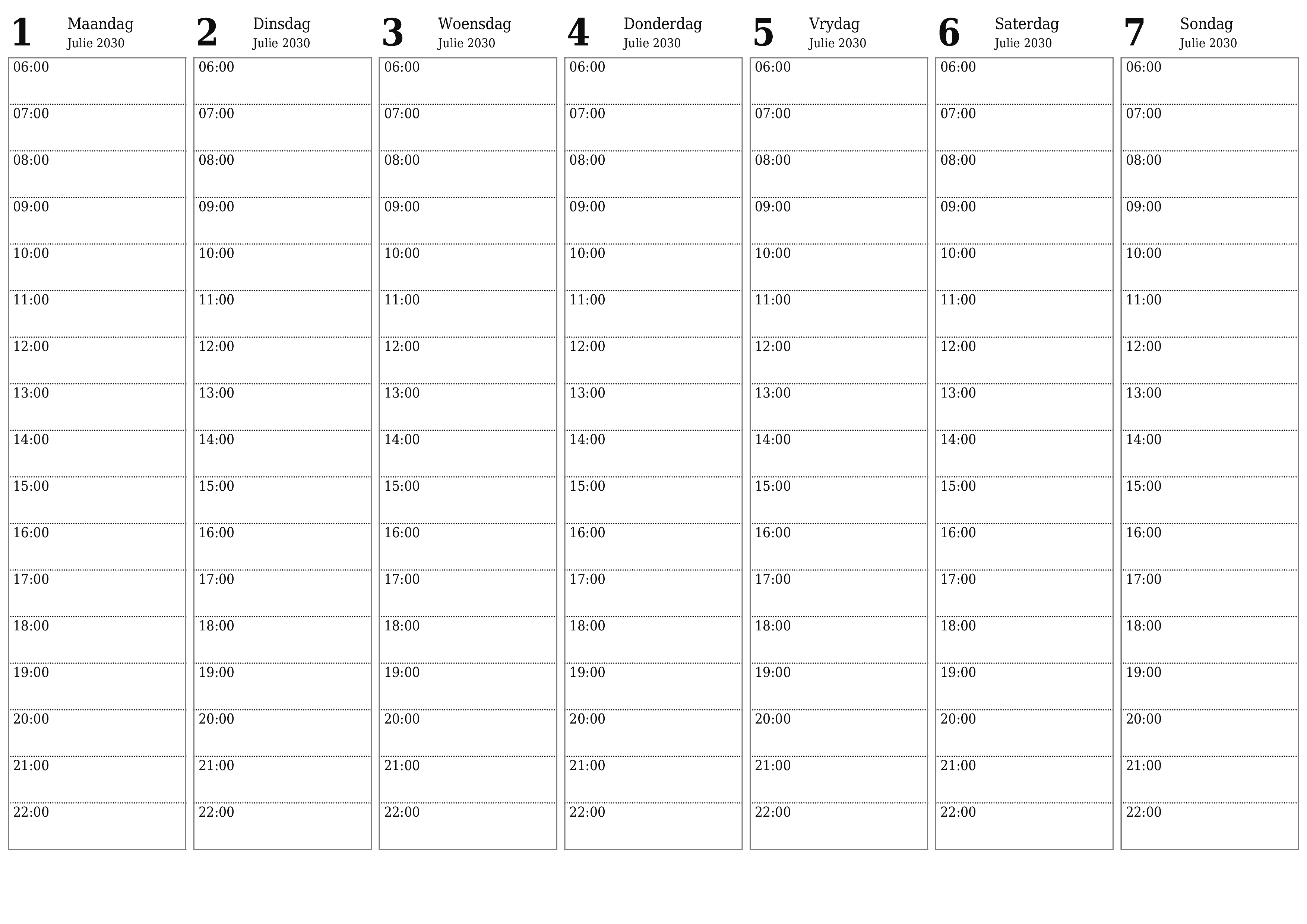 Leë weeklikse drukbare kalender en beplanner vir week Julie 2030 met notas, stoor en druk na PDF PNG Afrikaans