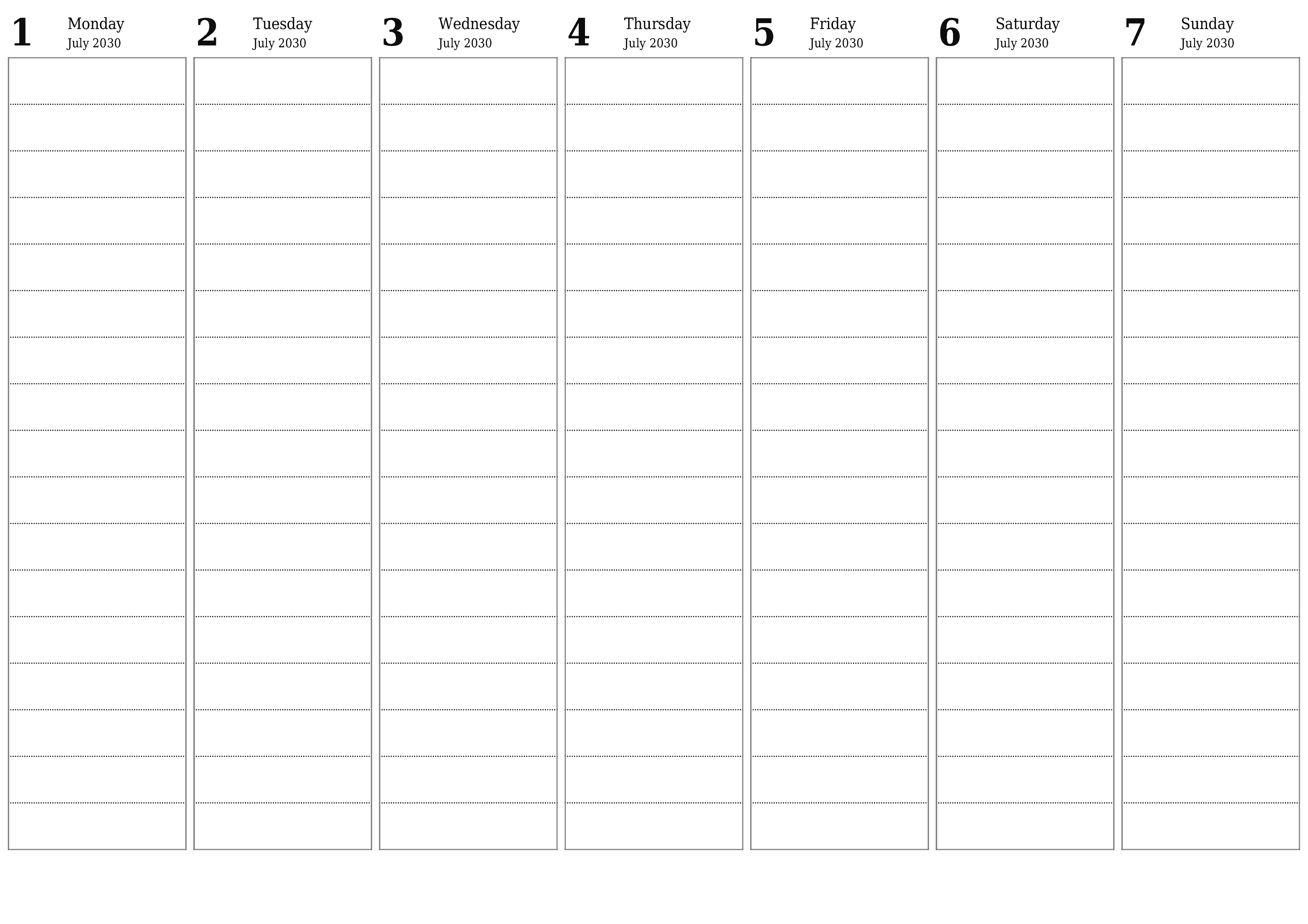 printable wall template free horizontal Weekly planner calendar July (Jul) 2030