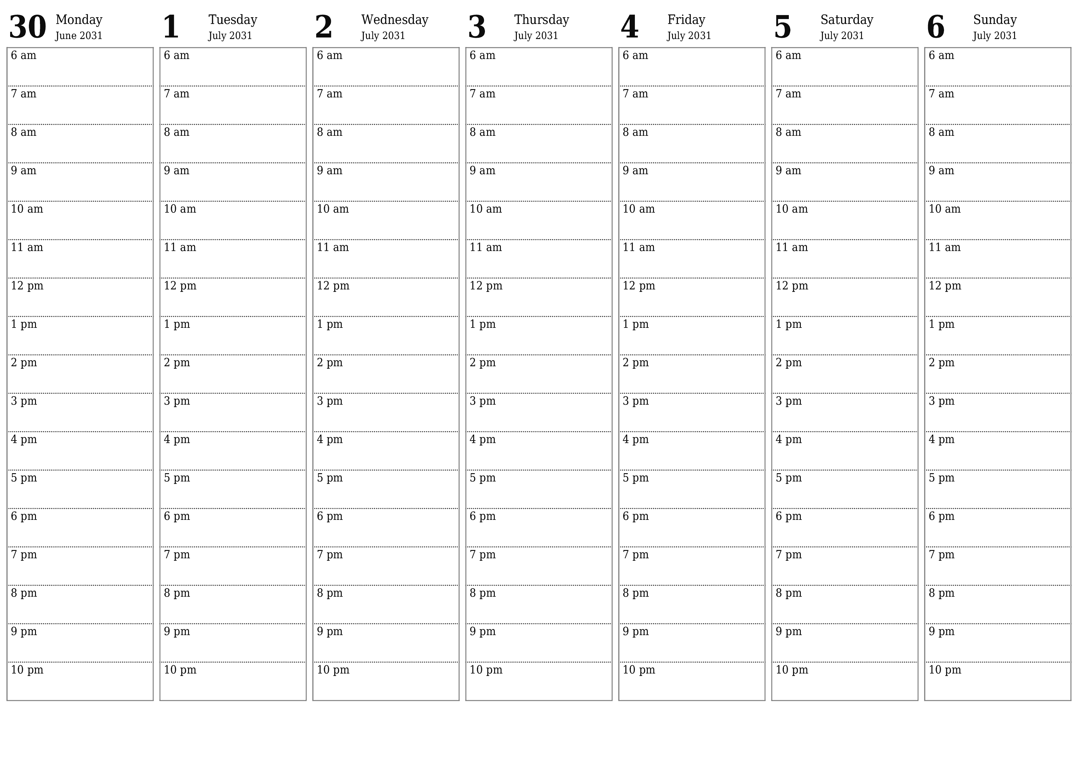 Blank calendar July 2031