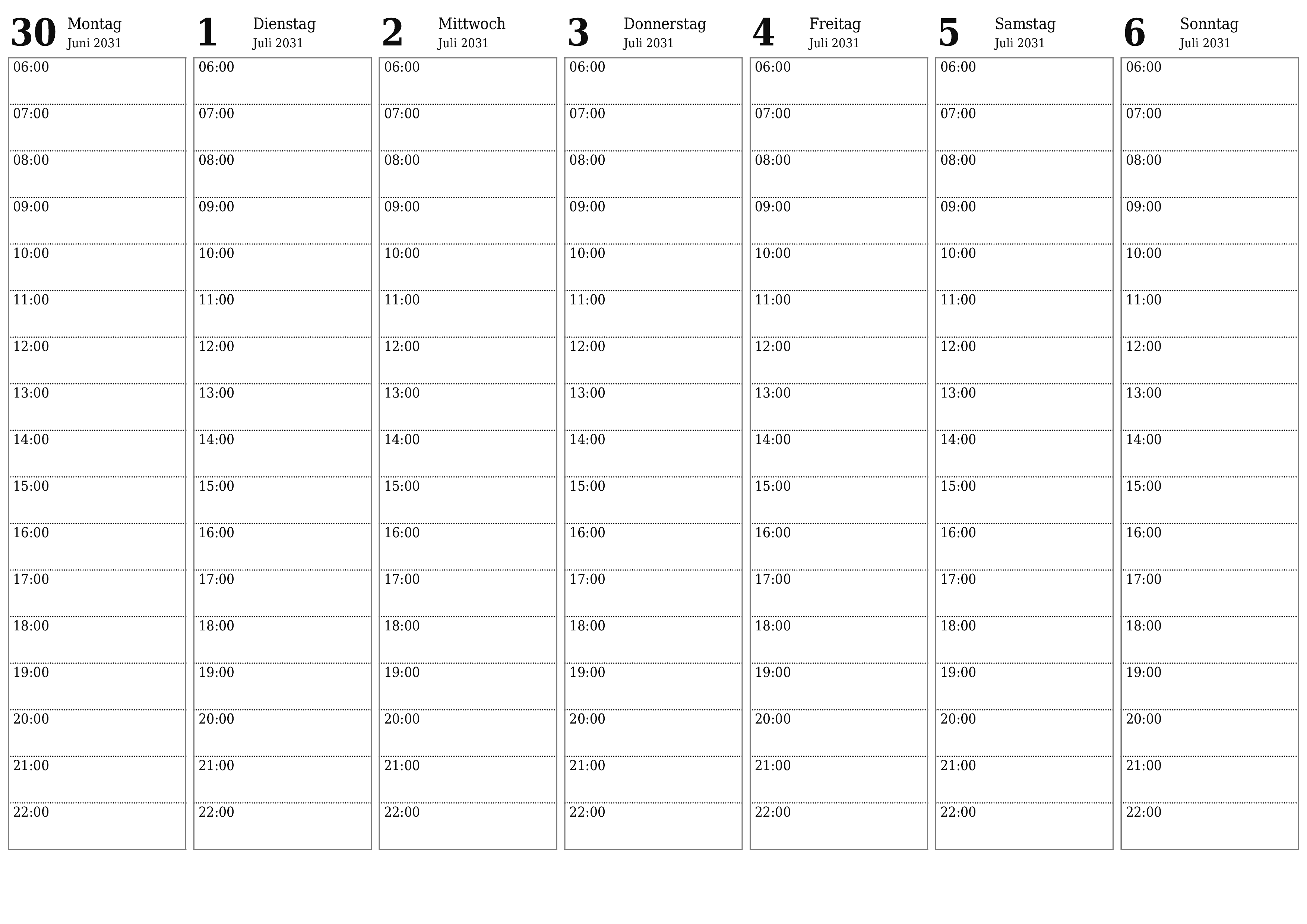 Wochenplaner für Wochen Juli 2031 mit Notizen leeren, speichern und als PDF drucken PNG German