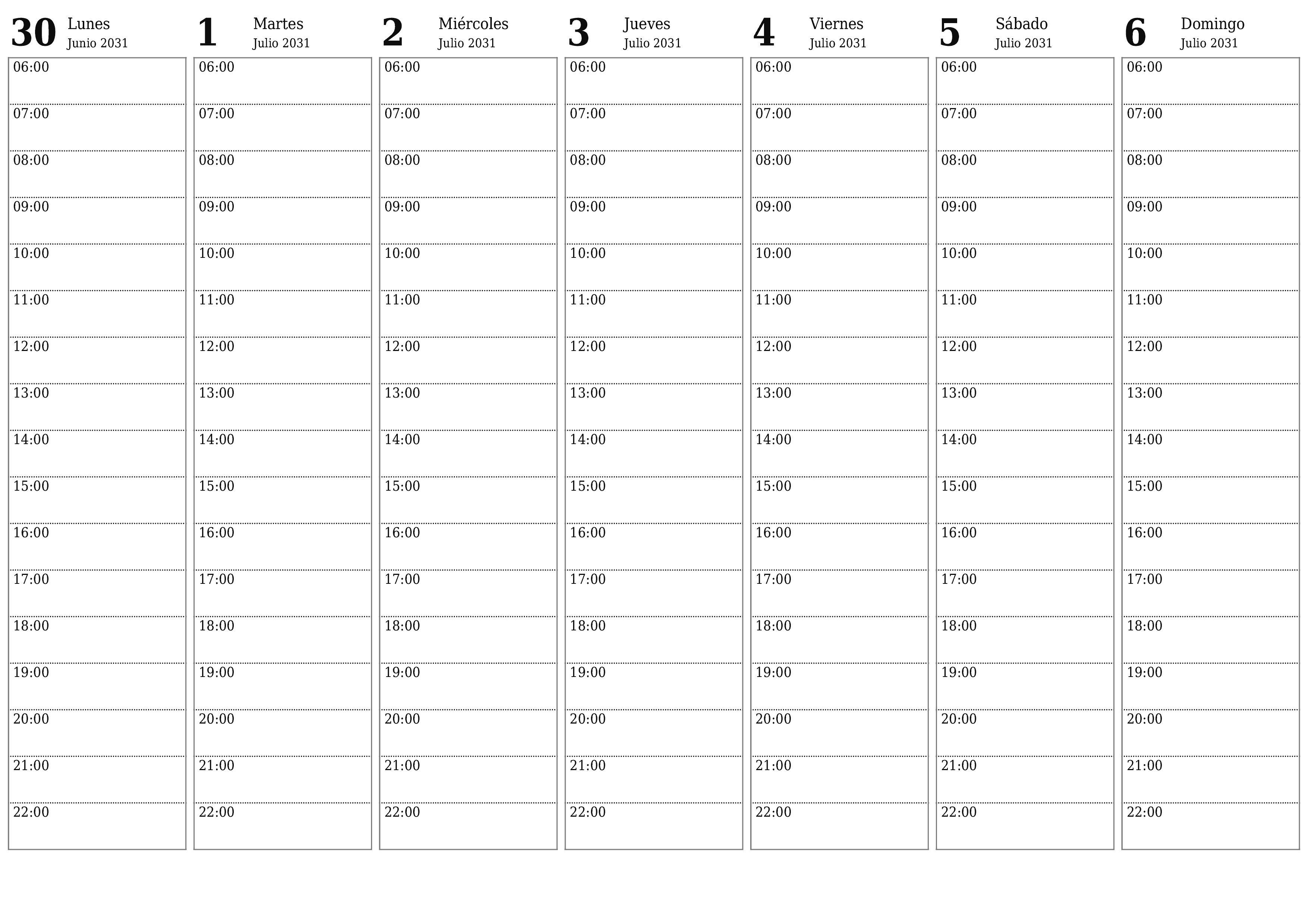 Planificador semanal vacío para semanas Julio 2031 con notas, guardar e imprimir en PDF PNG Spanish