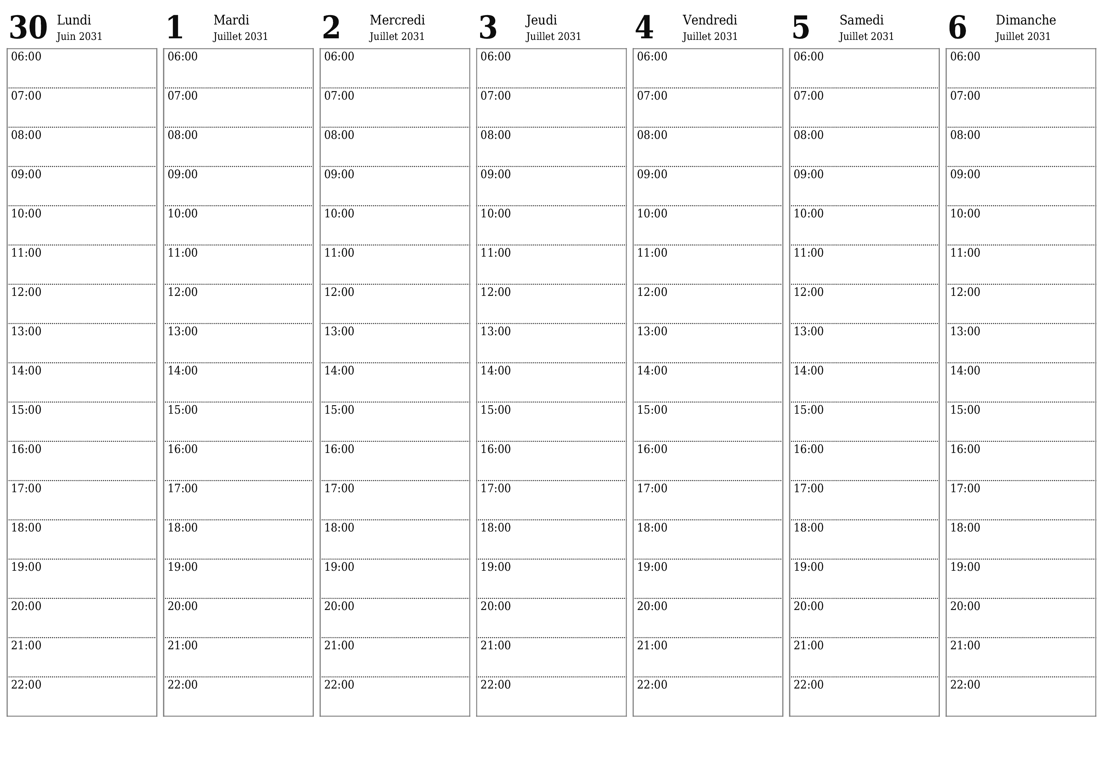 Agenda hebdomadaire vide pendant des semaines Juillet 2031 avec notes, enregistrez et imprimez au format PDF PNG French