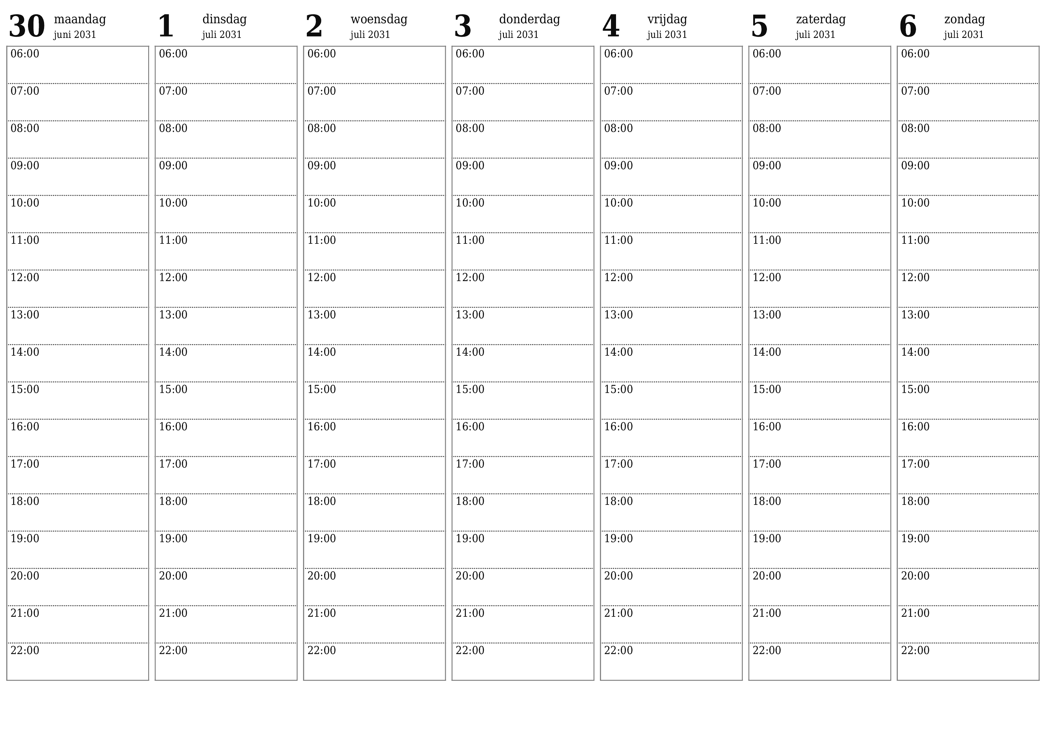 Lege weekplanner voor weken juli 2031 met notities, opslaan en afdrukken naar pdf PNG Dutch