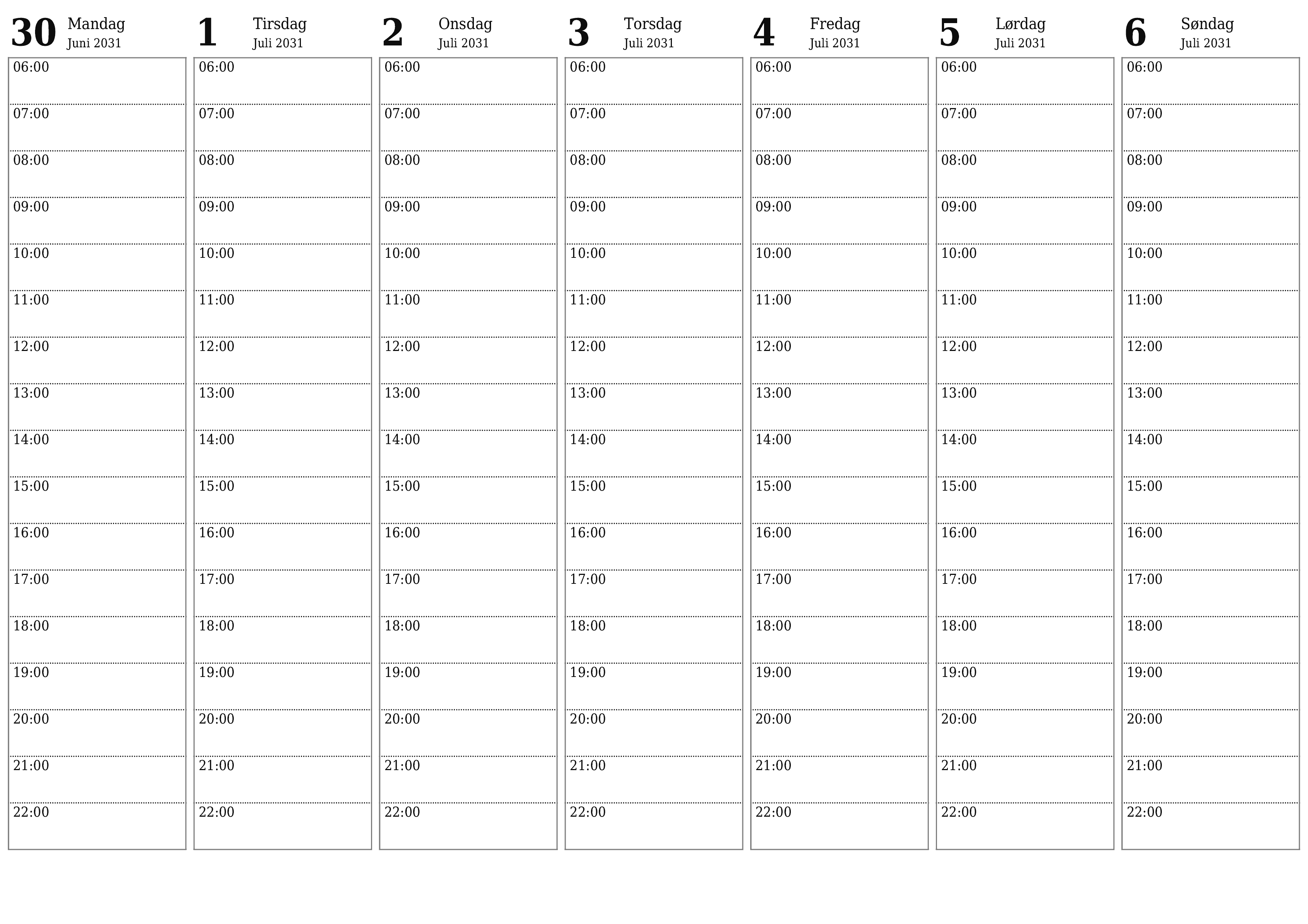 Tøm ukentlig planlegger i uker Juli 2031 med notater, lagre og skriv ut i PDF PNG Norwegian