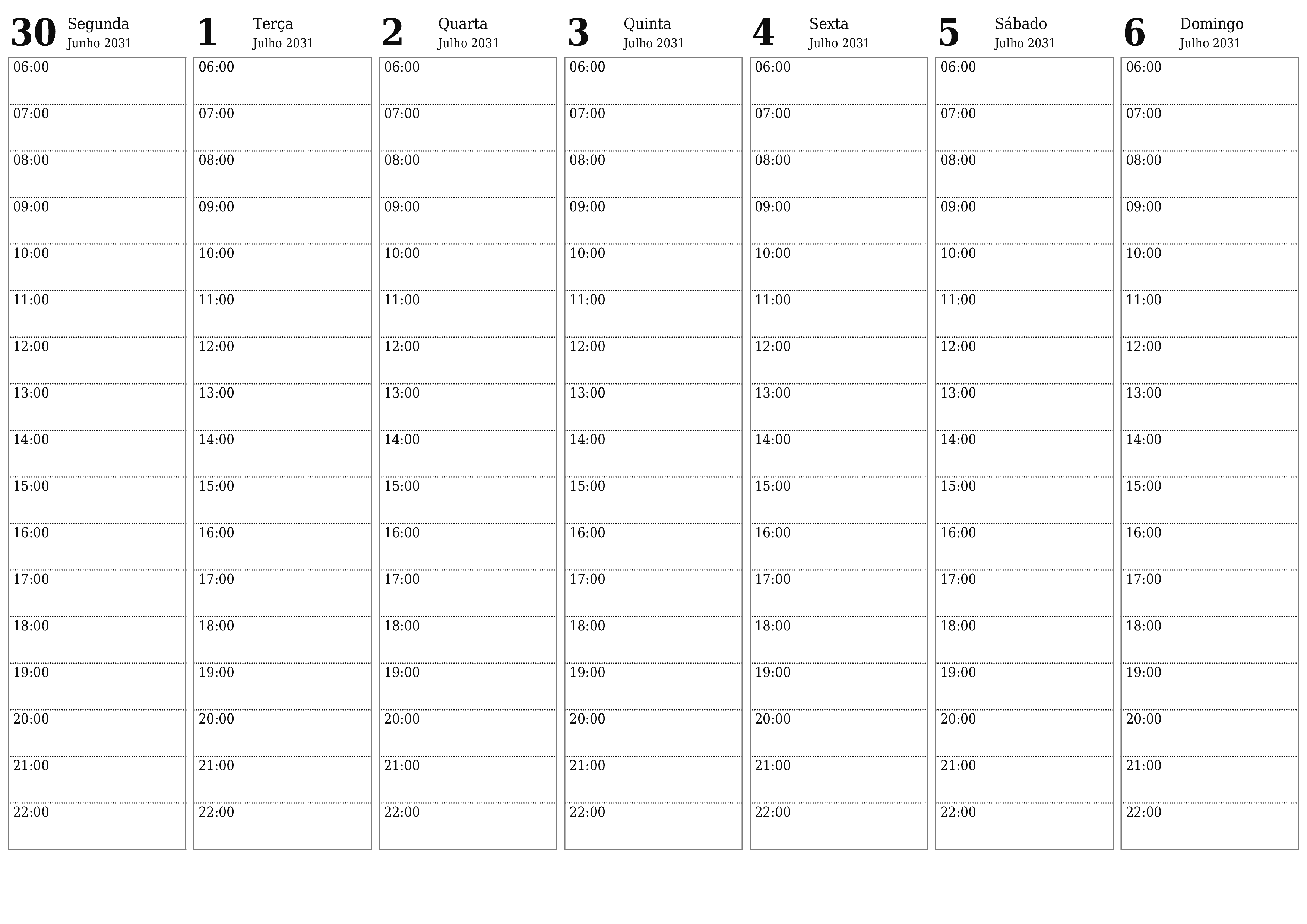 Esvazie o planejador semanal por semanas Julho 2031 com notas, salve e imprima em PDF PNG Portuguese
