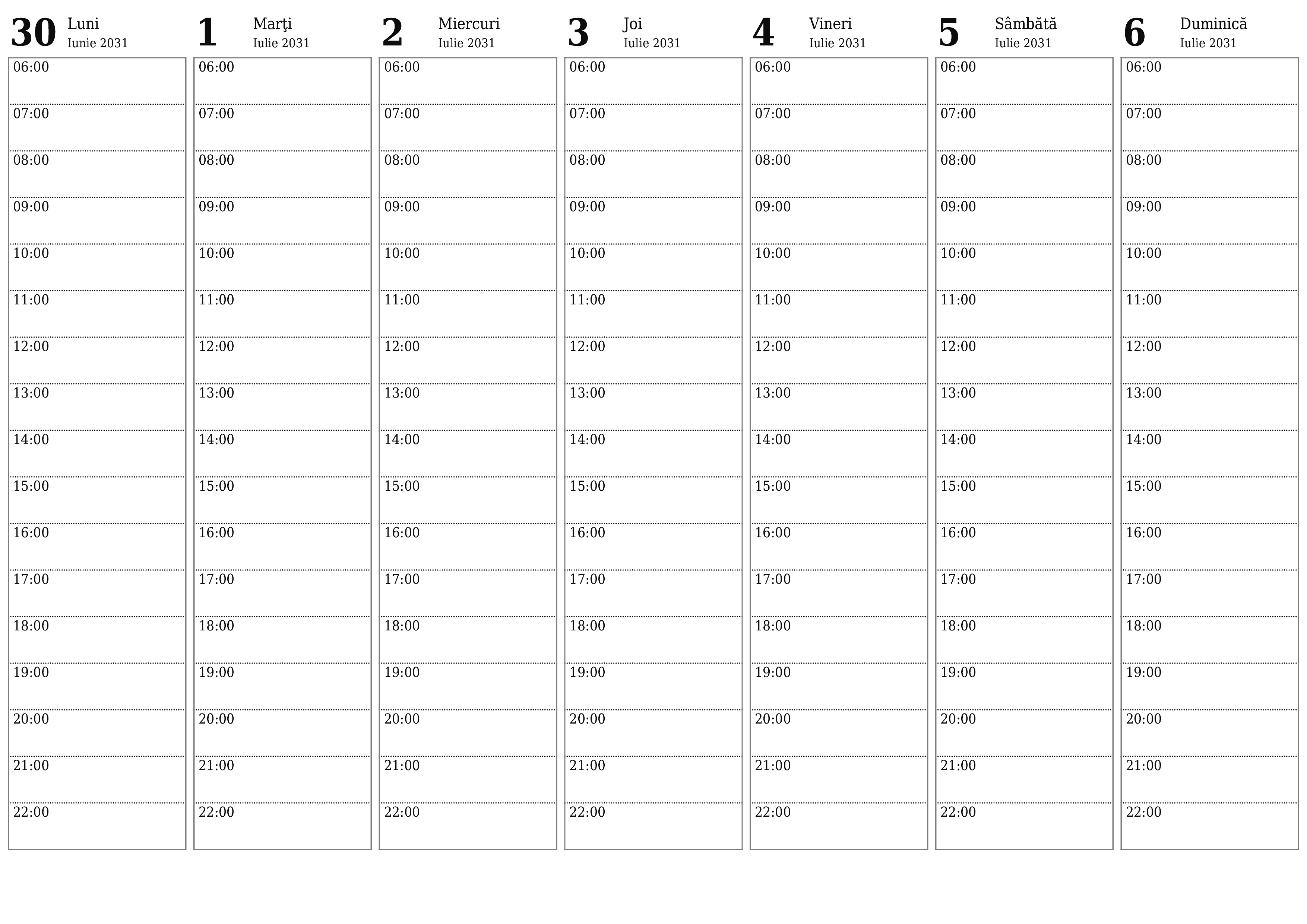 Planificator săptămânal gol pentru săptămâni Iulie 2031 cu note, salvați și tipăriți în PDF PNG Romanian