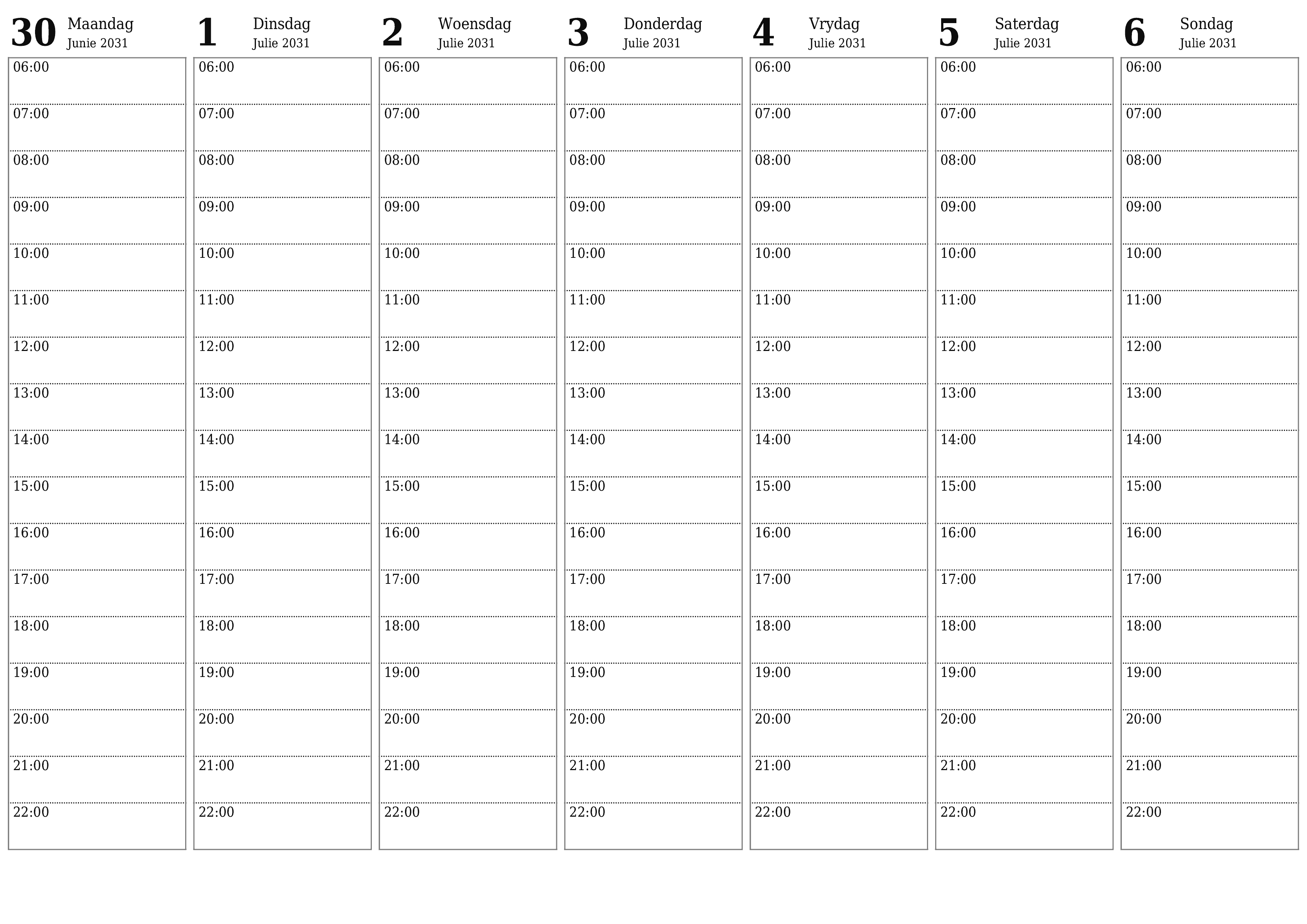 drukbare muur template gratis horisontaal Weekliks beplanner kalender Julie (Jul) 2031