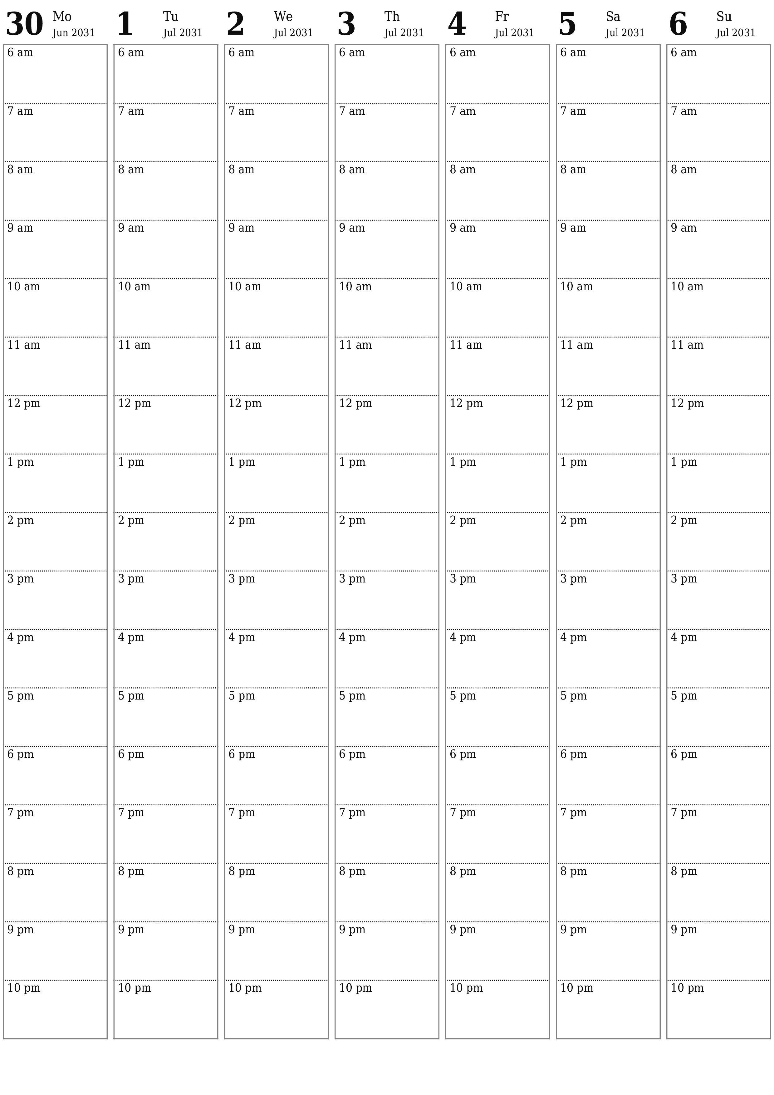 Blank calendar July 2031
