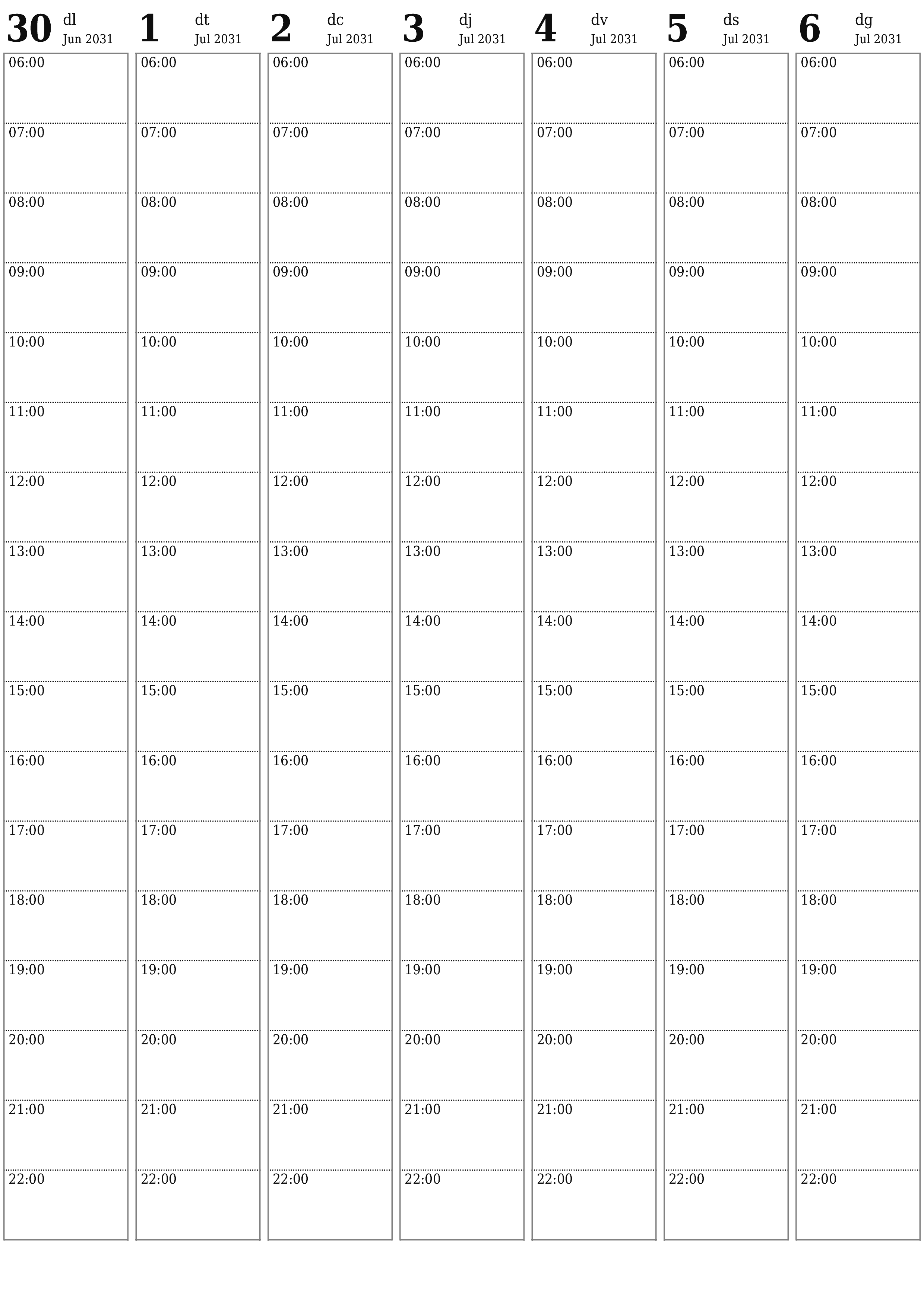 Planificador setmanal buit durant setmanes Juliol 2031 amb notes, deseu-lo i imprimiu-lo en format PDF PNG Catalan