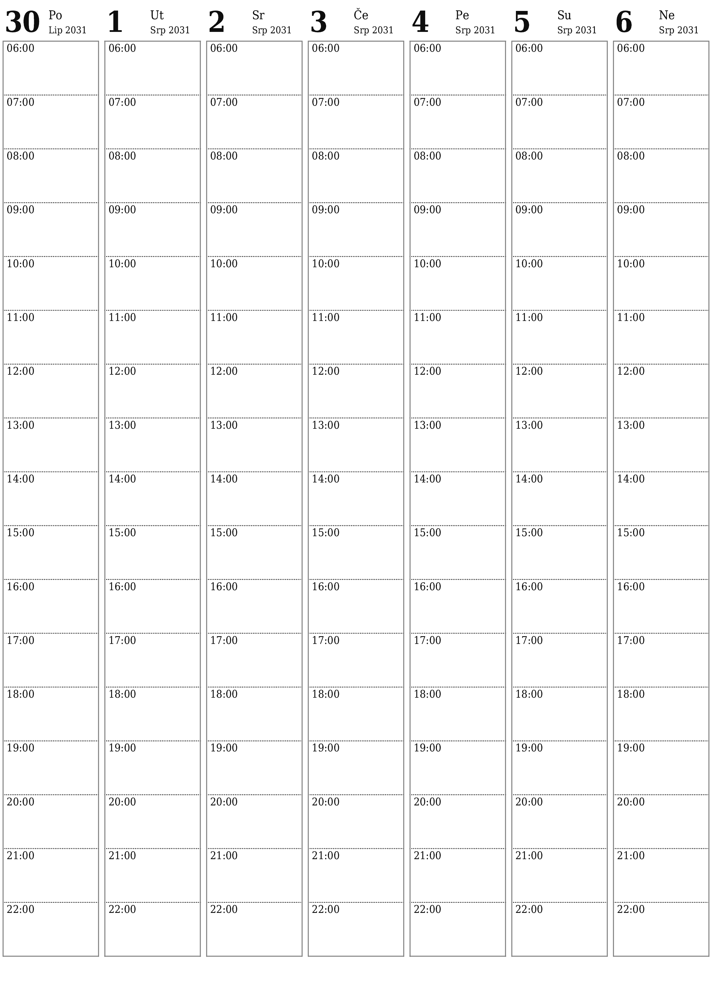  za ispis zidni predložak a besplatni okomito Tjedni planer kalendar Srpanj (Srp) 2031