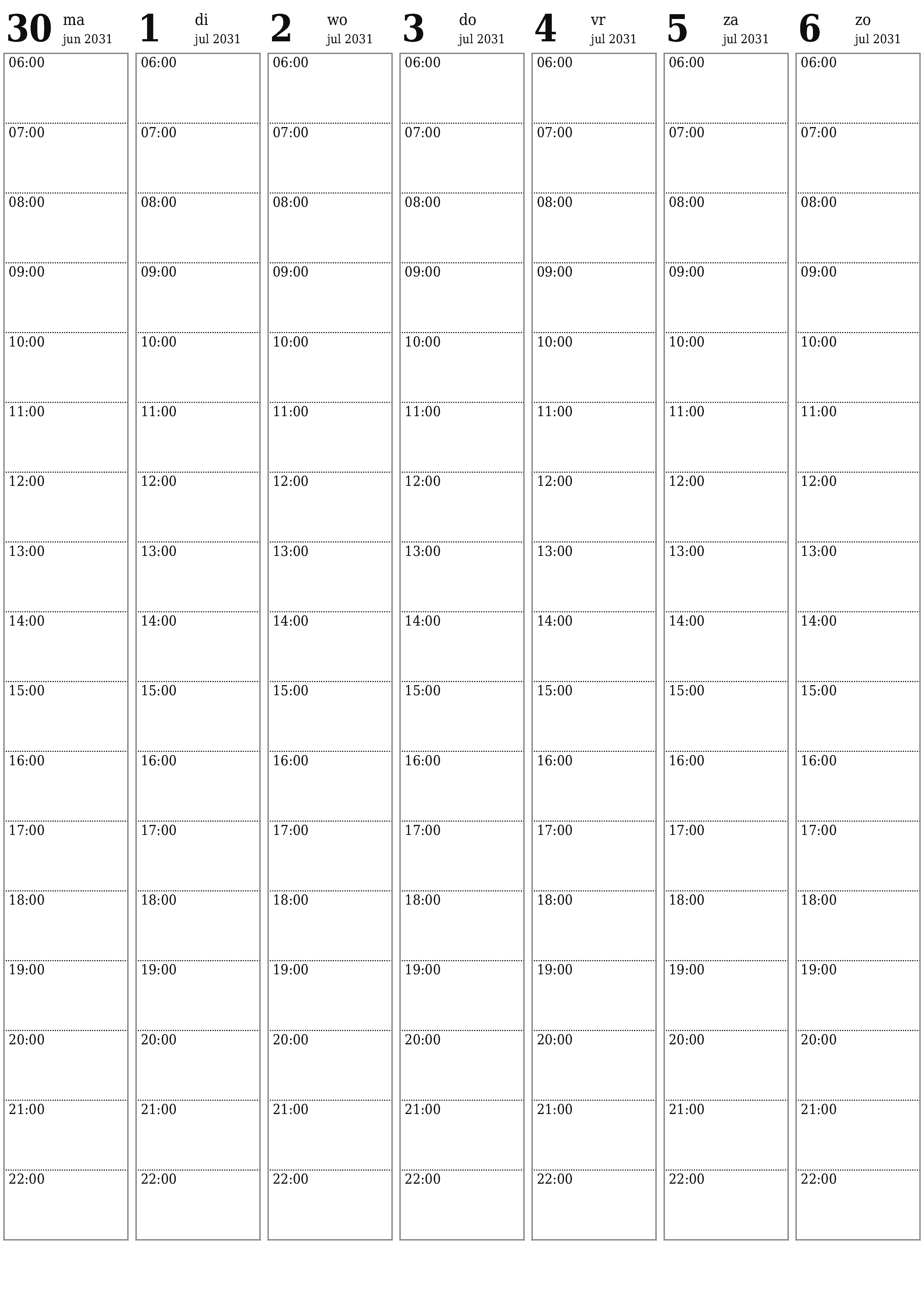 afdrukbare muur sjabloon gratis verticaal Wekelijks planner kalender juli (jul) 2031
