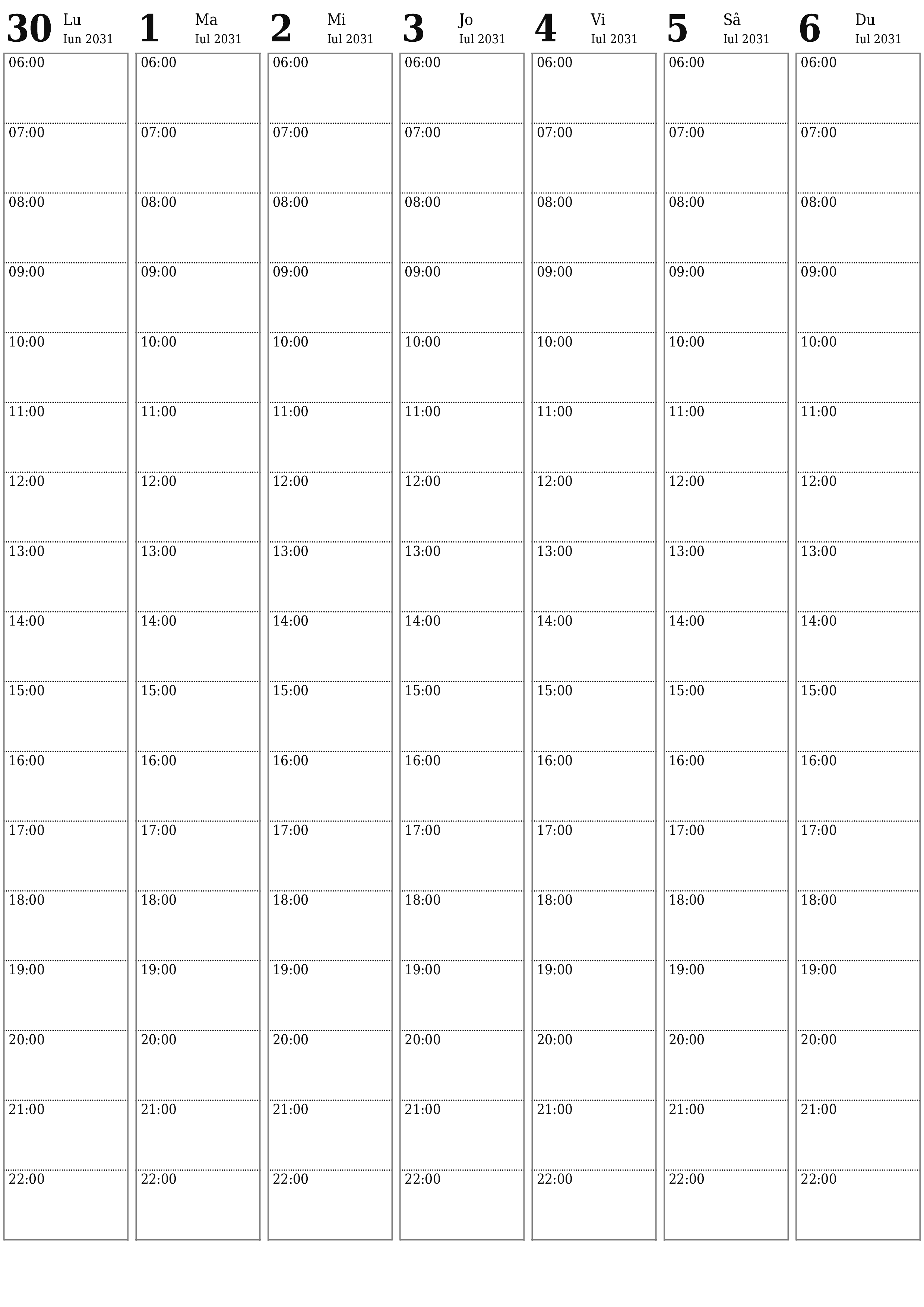  imprimabil de perete șablon de gratuitvertical Săptămânal planificator calendar Iulie (Iul) 2031