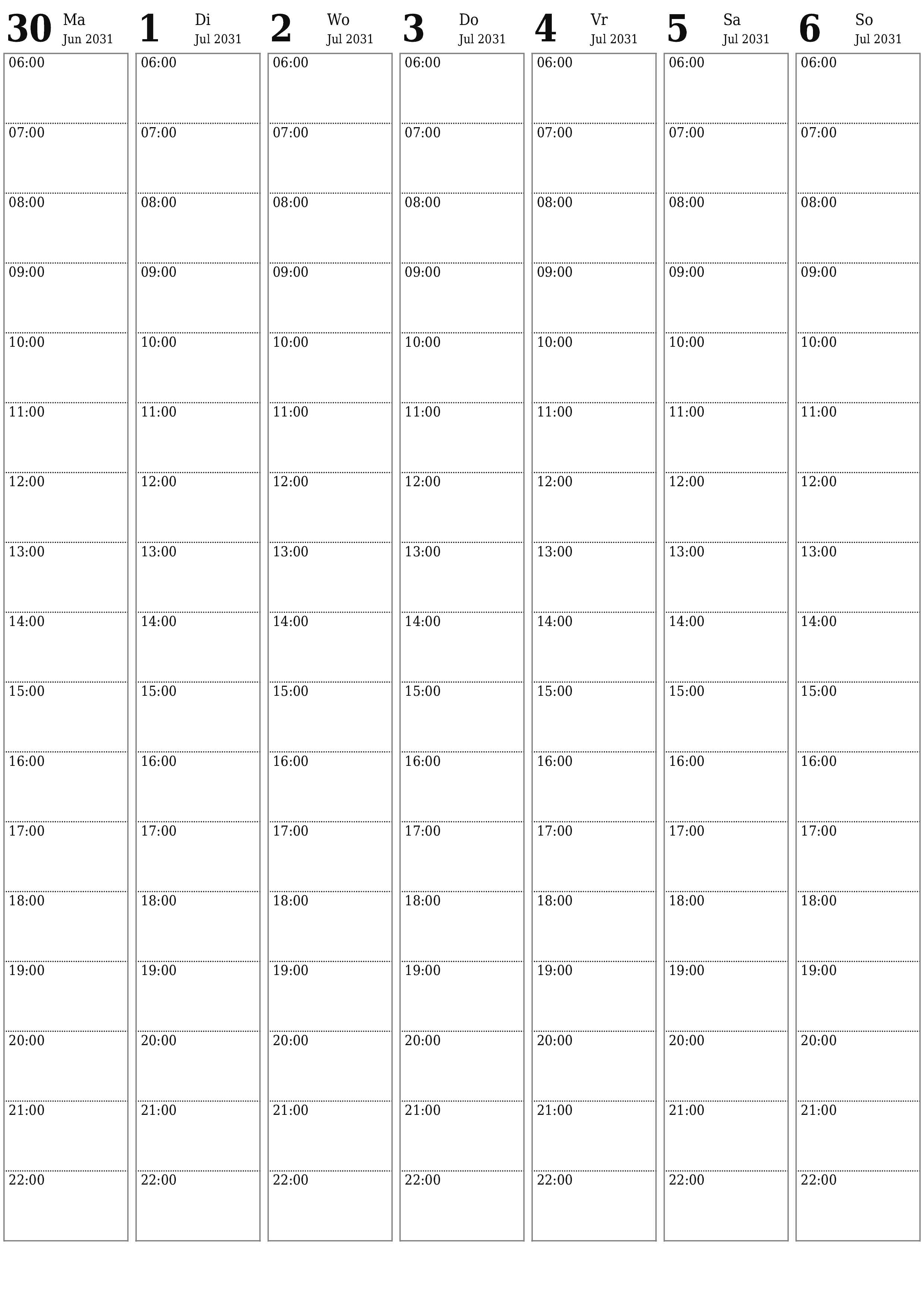 drukbare muur template gratis vertikaal Weekliks beplanner kalender Julie (Jul) 2031