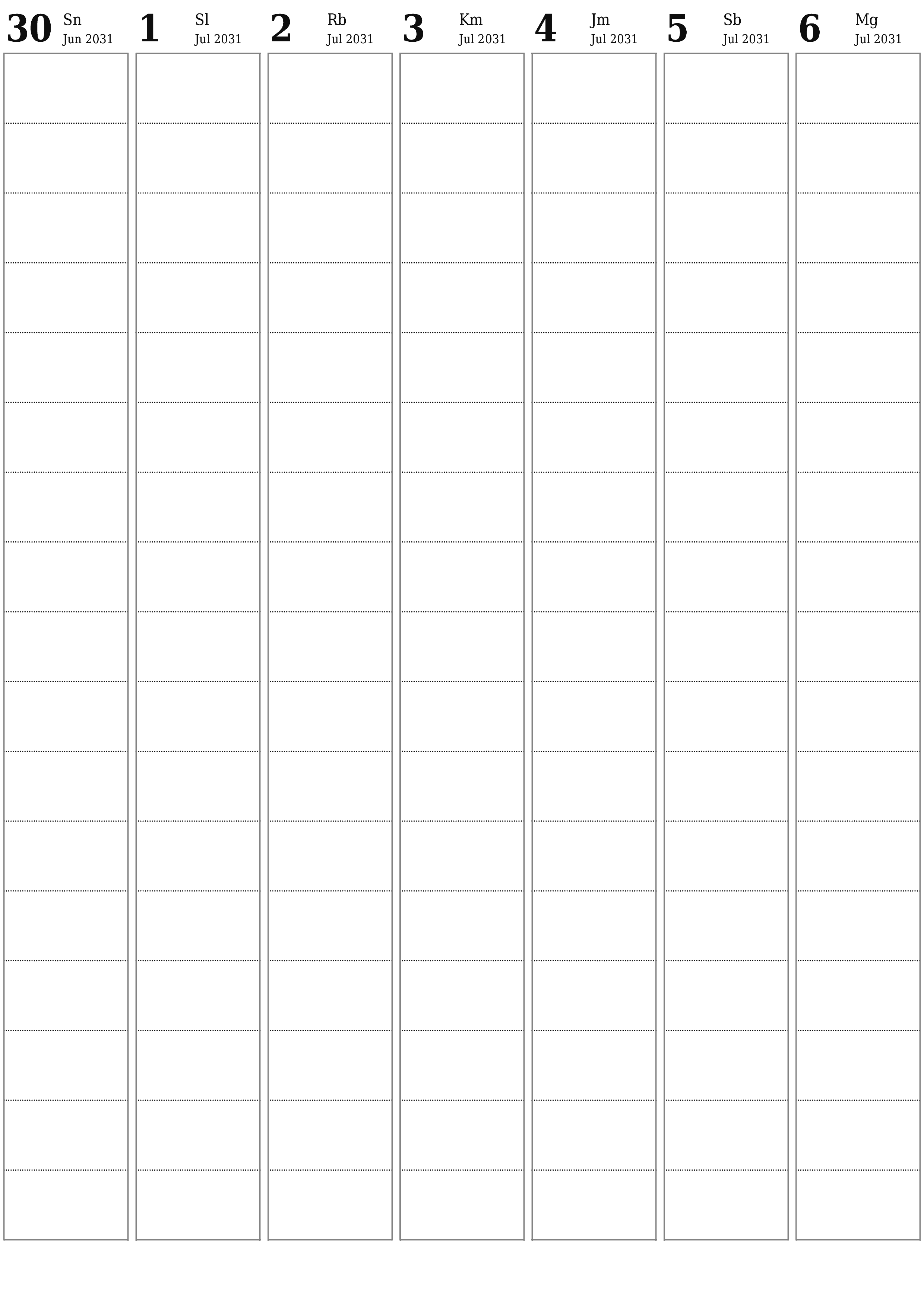  yang dapat dicetak dinding templat gratisvertikal Mingguan perencana kalender Juli (Jul) 2031