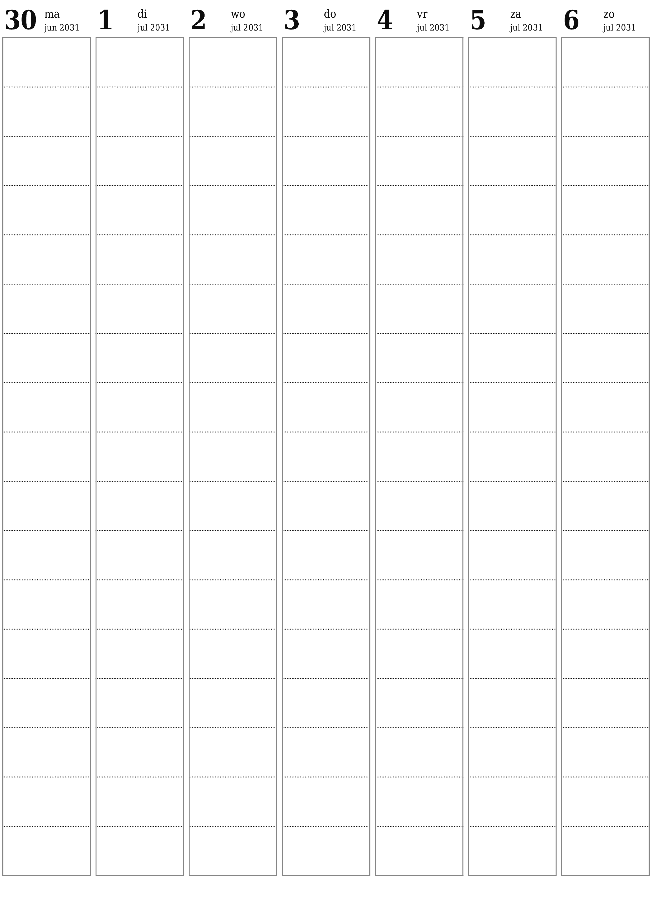afdrukbare muur sjabloon gratis verticaal Wekelijks planner kalender juli (jul) 2031