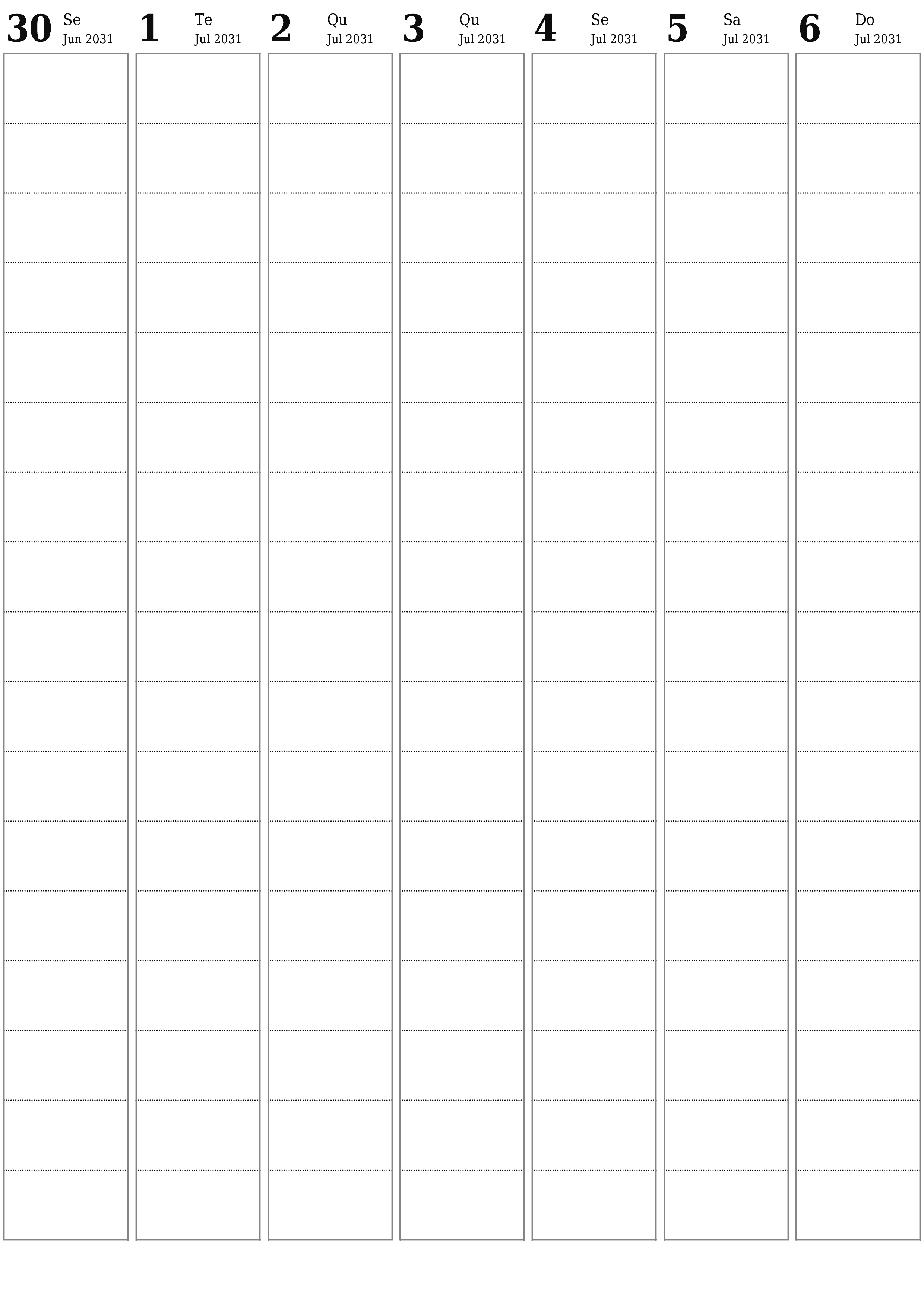 para impressão de parede modelo de grátisvertical Semanal planejador calendário Julho (Jul) 2031