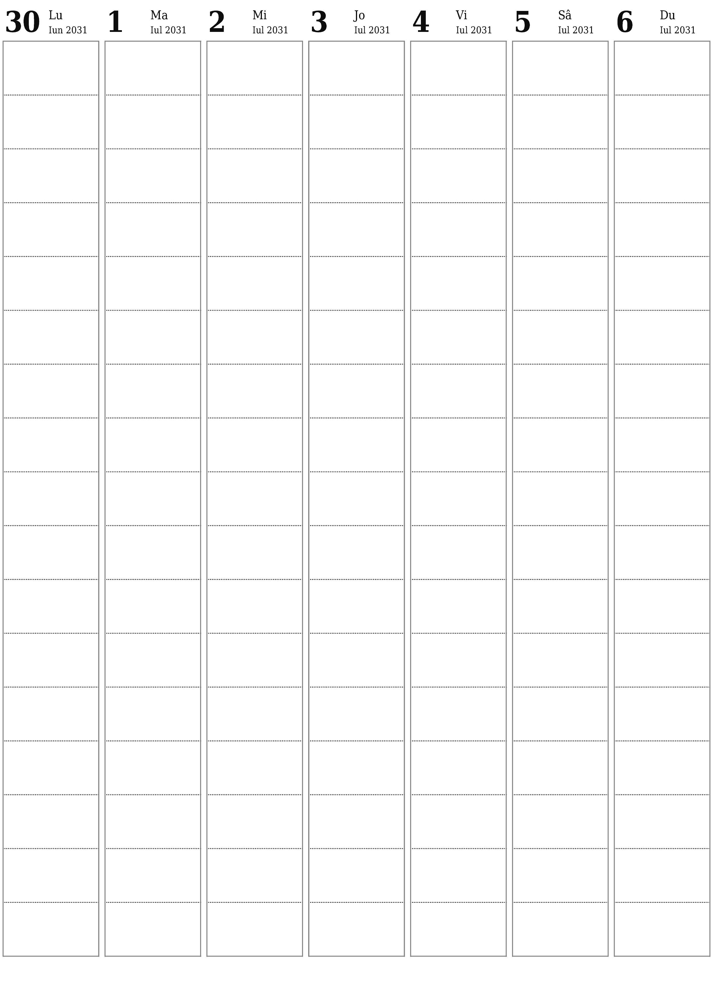  imprimabil de perete șablon de gratuitvertical Săptămânal planificator calendar Iulie (Iul) 2031