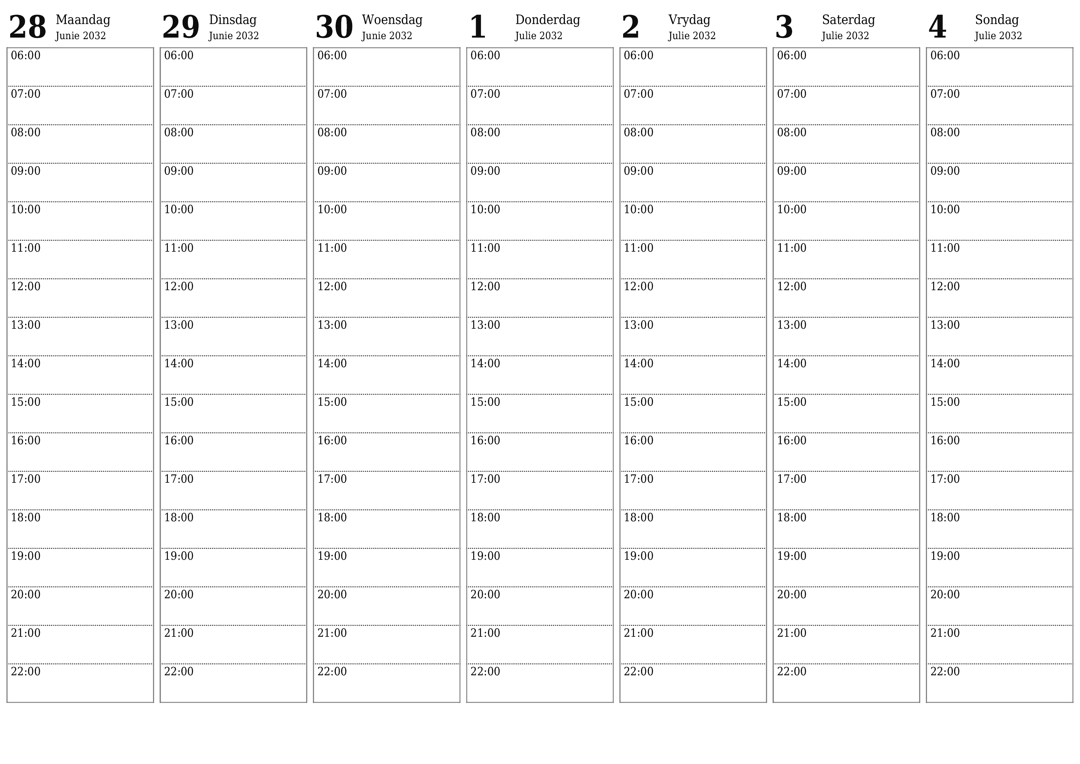 Leë weeklikse drukbare kalender en beplanner vir week Julie 2032 met notas, stoor en druk na PDF PNG Afrikaans