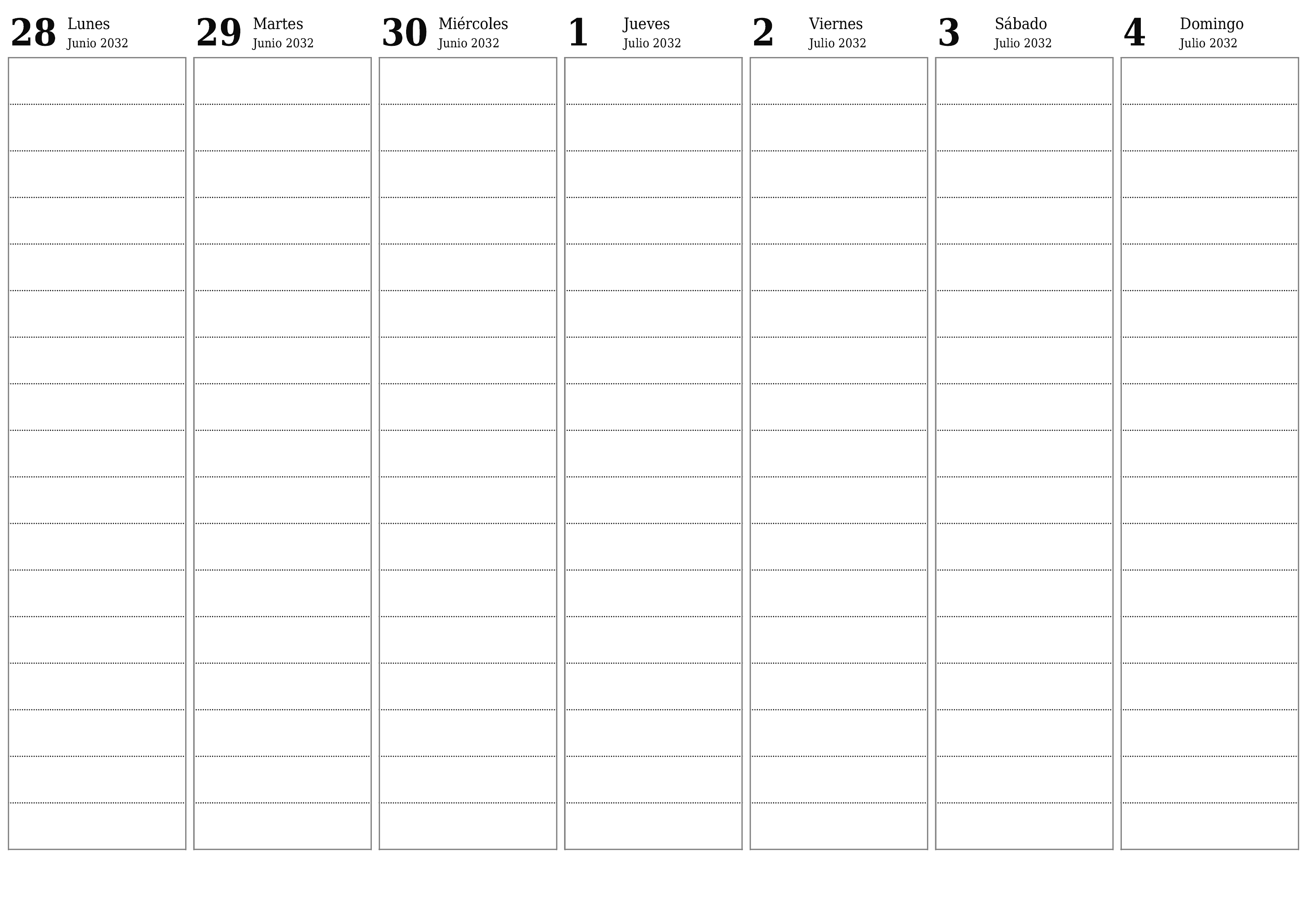 Planificador semanal vacío para semanas Julio 2032 con notas, guardar e imprimir en PDF PNG Spanish