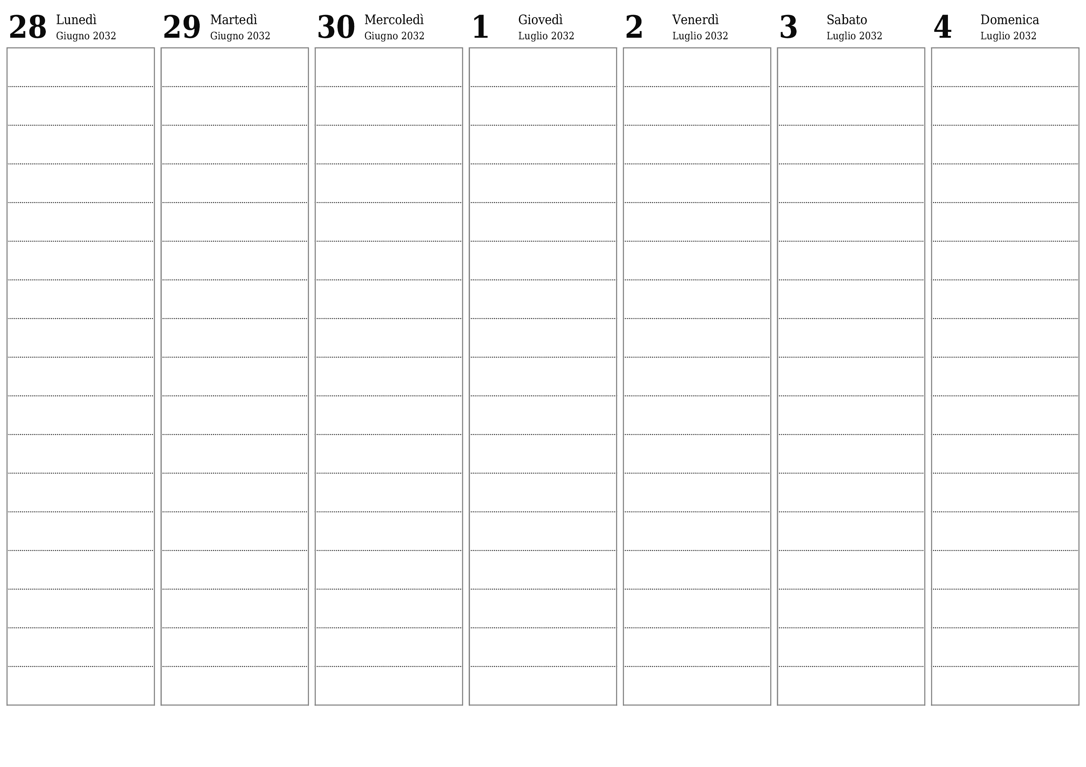 Agenda settimanale vuota per settimane Luglio 2032 con note, salva e stampa in PDF PNG Italian