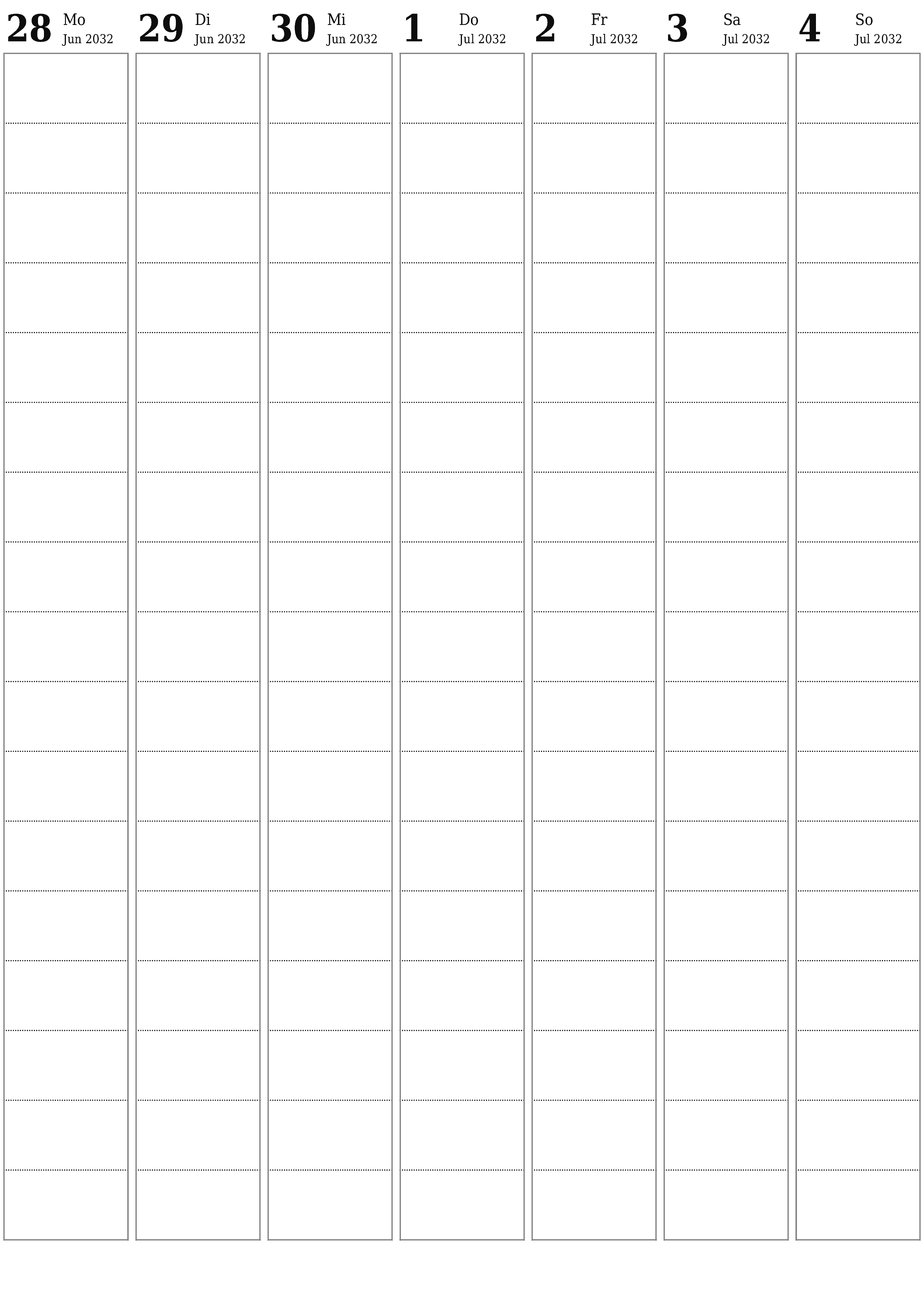 Wochenplaner für Wochen Juli 2032 mit Notizen leeren, speichern und als PDF drucken PNG German