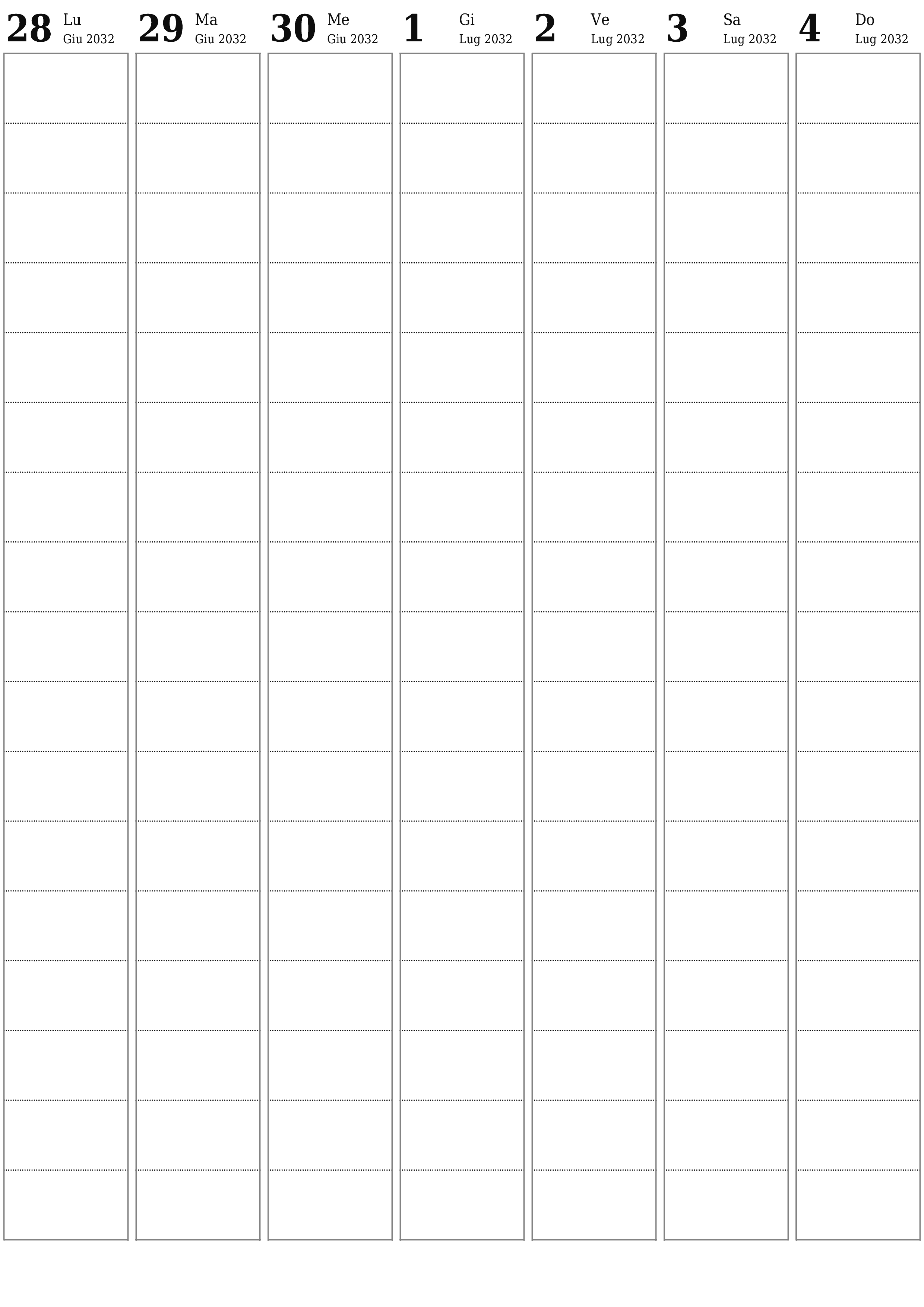 Agenda settimanale vuota per settimane Luglio 2032 con note, salva e stampa in PDF PNG Italian