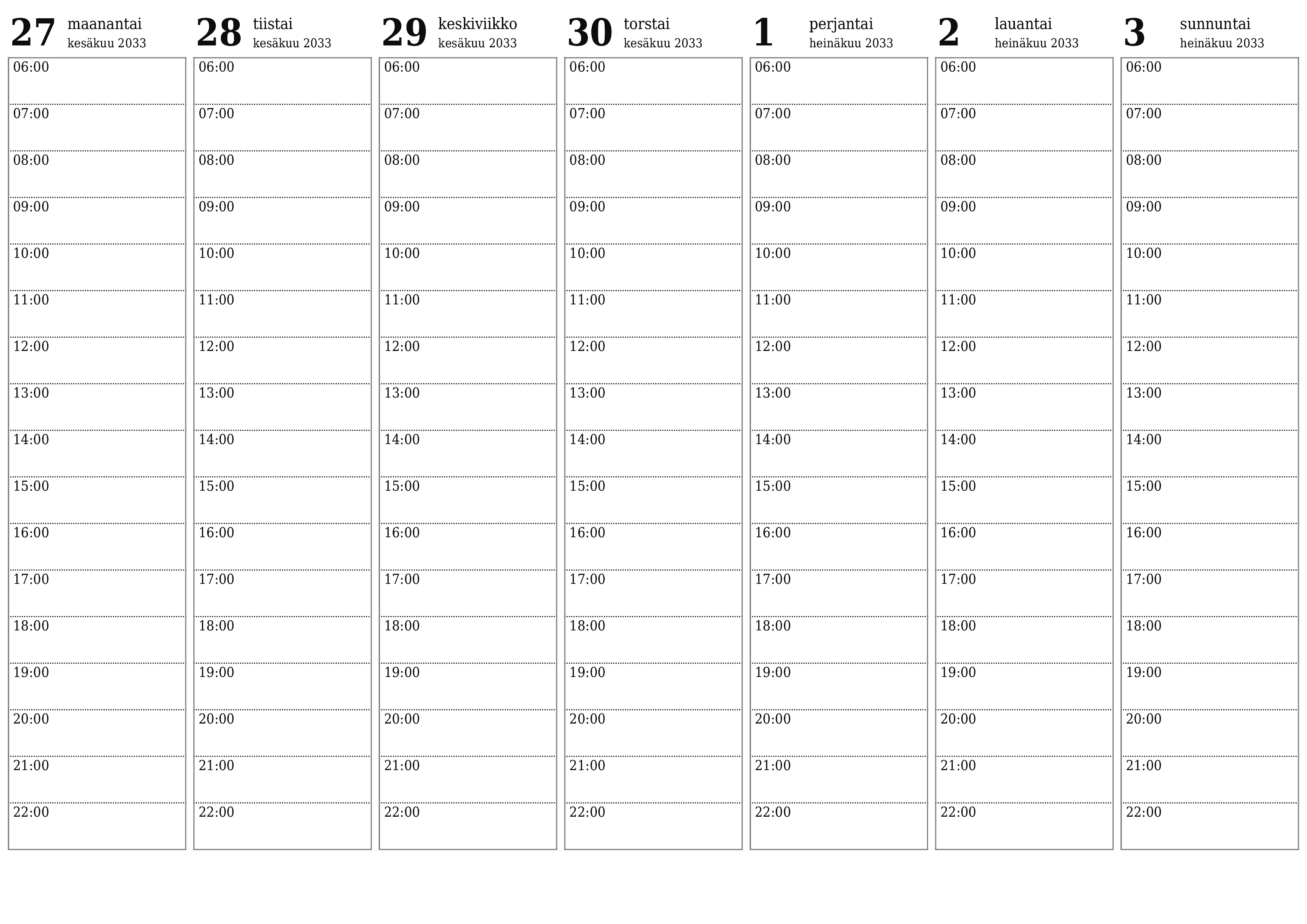 Tyhjennä viikkosuunnittelija viikkojen ajan Heinäkuu 2033 muistiinpanoilla, tallenna ja tulosta PDF-muotoon PNG Finnish