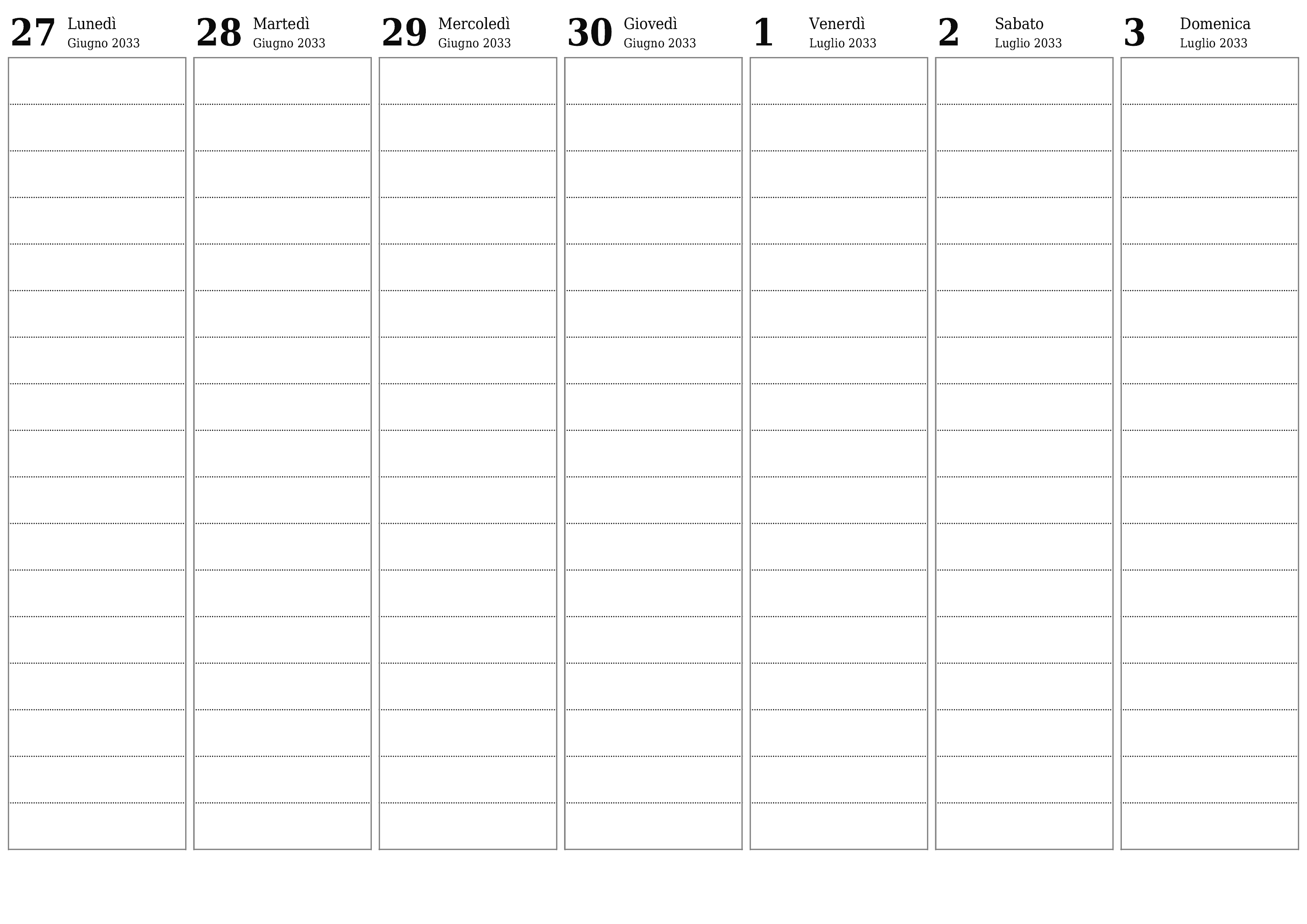 Agenda settimanale vuota per settimane Luglio 2033 con note, salva e stampa in PDF PNG Italian