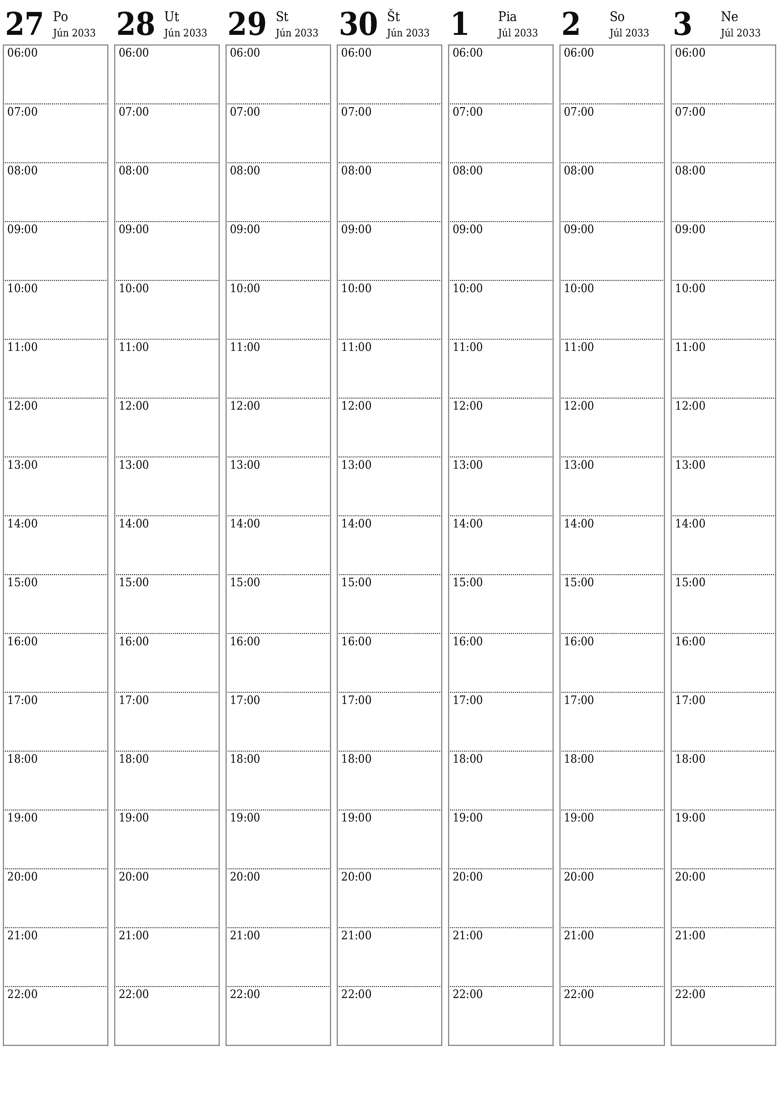 Prázdny týždenný plánovač na týždne Júl 2033 s poznámkami, uložením a tlačou do PDF PNG Slovak