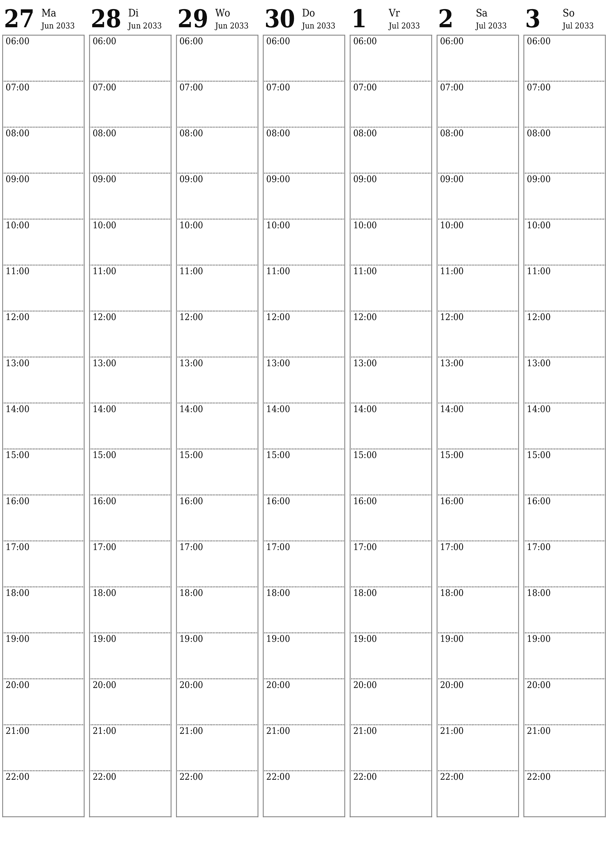 Leë weeklikse drukbare kalender en beplanner vir week Julie 2033 met notas, stoor en druk na PDF PNG Afrikaans