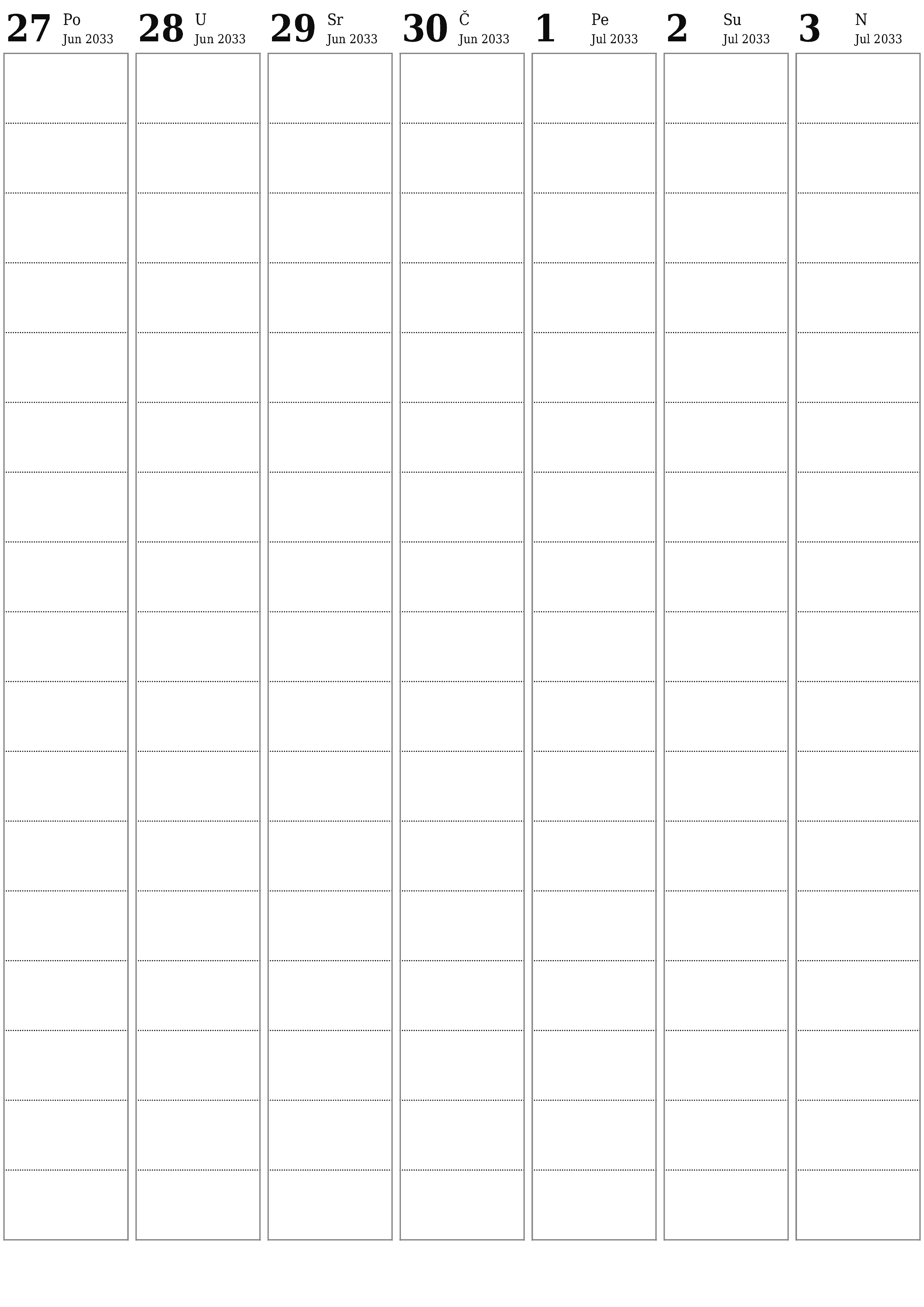  za štampanje zidni šablon a besplatni vertikalno Tjedno planer kalendar Juli (Jul) 2033