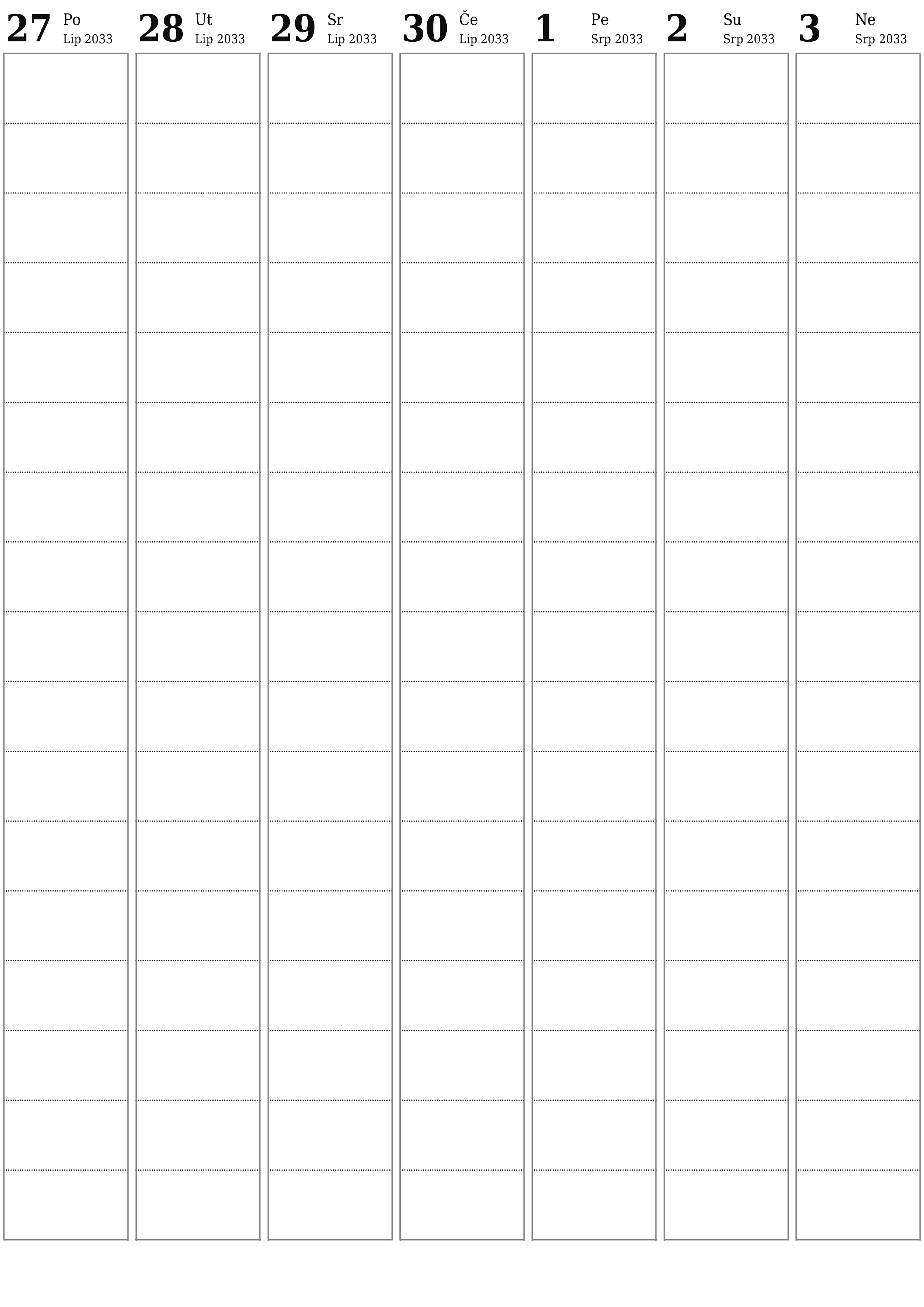  za ispis zidni predložak a besplatni okomito Tjedni planer kalendar Srpanj (Srp) 2033
