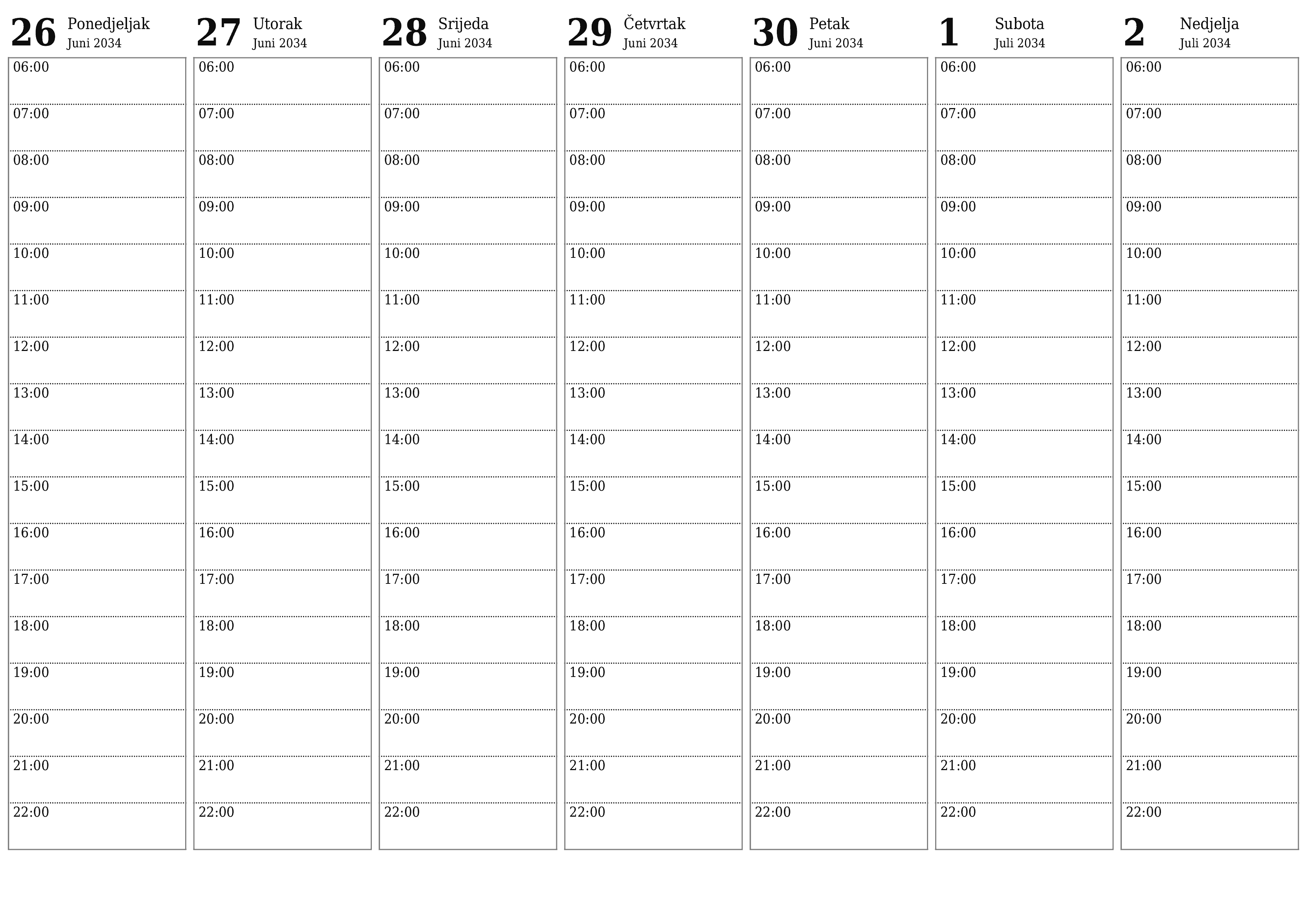  za štampanje zidni šablon a besplatni horizontalno Tjedno planer kalendar Juli (Jul) 2034