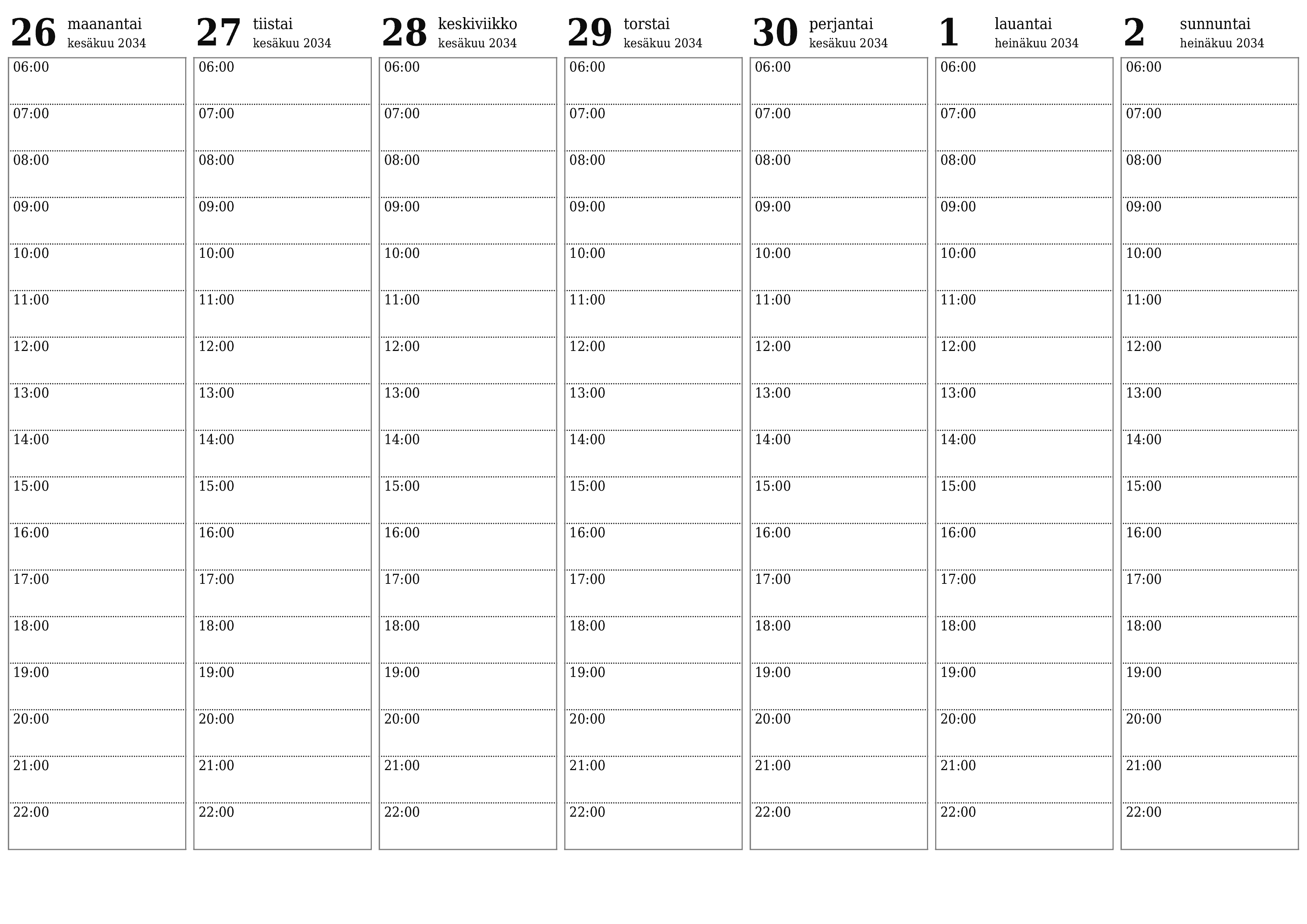 Tyhjennä viikkosuunnittelija viikkojen ajan Heinäkuu 2034 muistiinpanoilla, tallenna ja tulosta PDF-muotoon PNG Finnish
