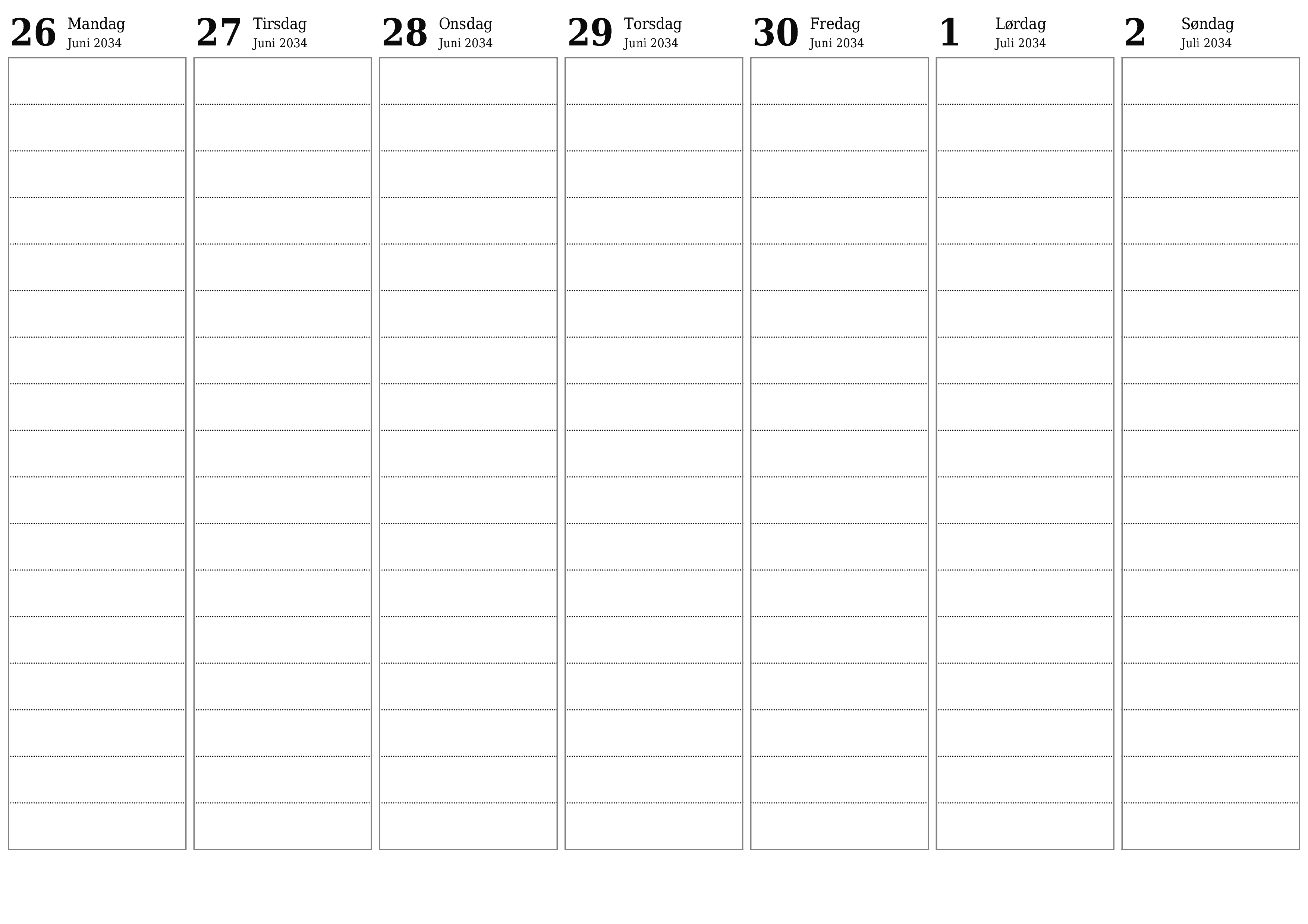 udskrivbar væg skabelon gratis vandret Ugentligt planlægger kalender Juli (Jul) 2034